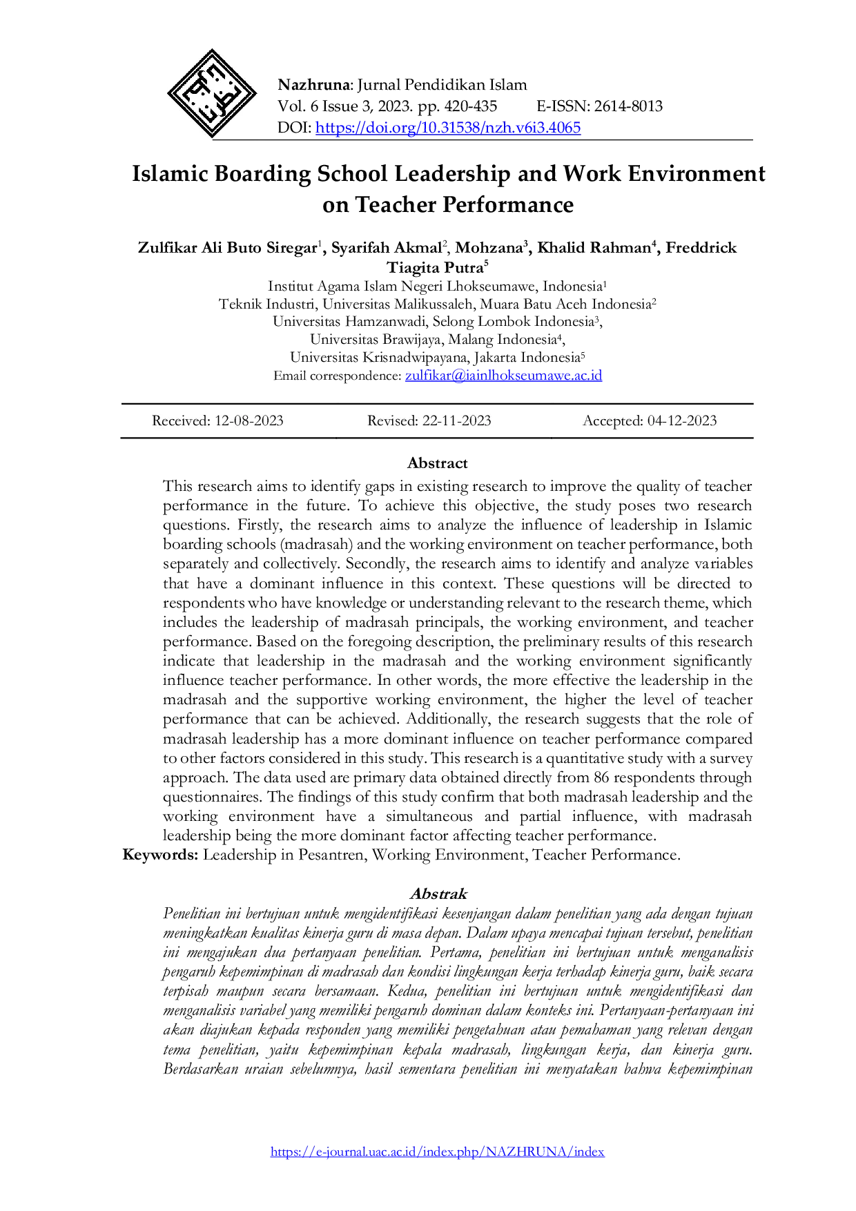 JURIS Islamic Boarding School Leadership and Work Environment on Teacher Performance