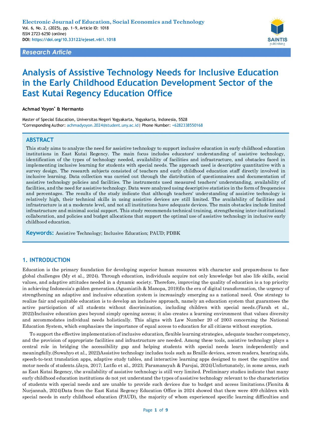 JURIS Analysis of Assistive Technology Needs for Inclusive Education in the Early Childhood Education Development Sector of the East Kutai Regency Education Office