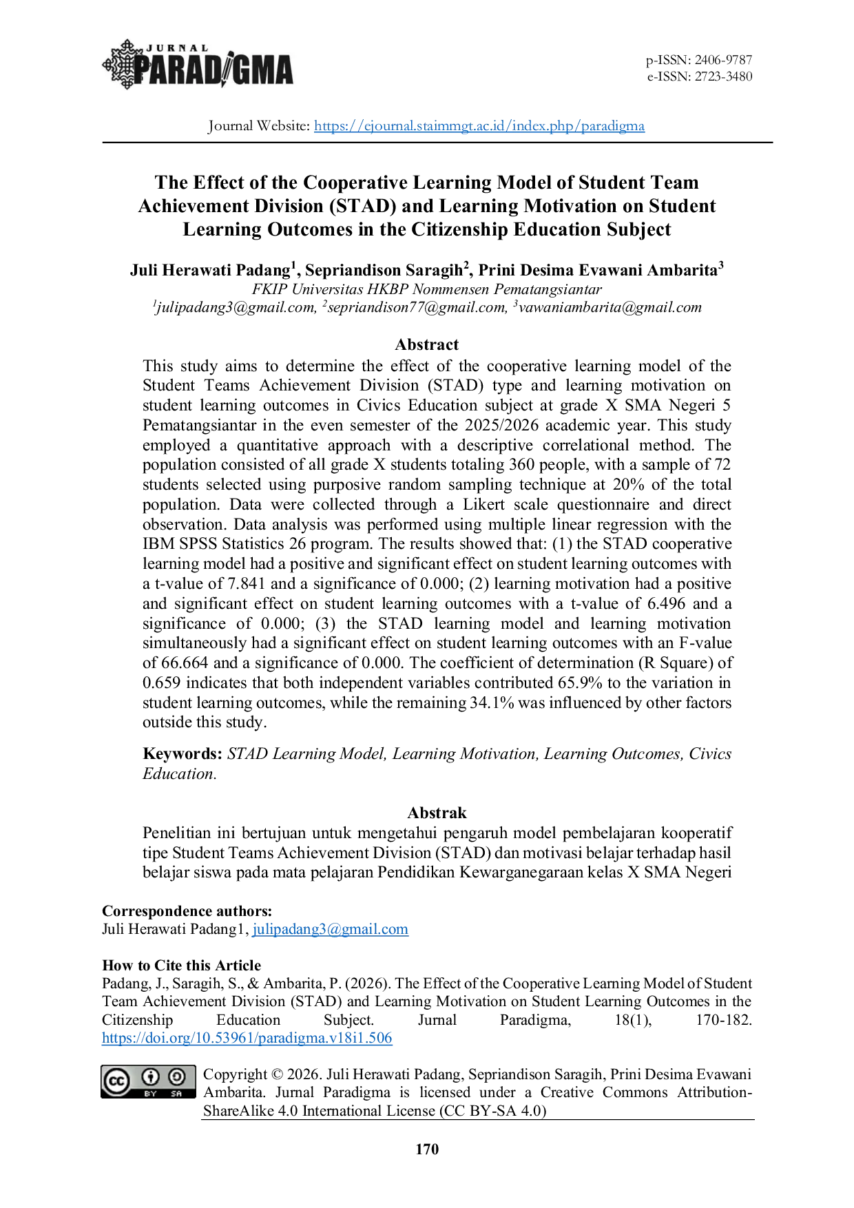 JURIS The Effect of the Cooperative Learning Model of Student Team Achievement Division STAD and Learning Motivation on Student Learning Outcomes in the Citizenship Education Subject