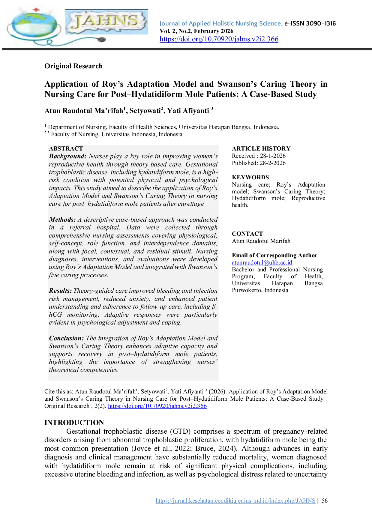 JURIS Application of Roy s Adaptation Model and Swanson s Caring Theory in Nursing Care for Post Hydatidiform Mole Patients A Case Based Study