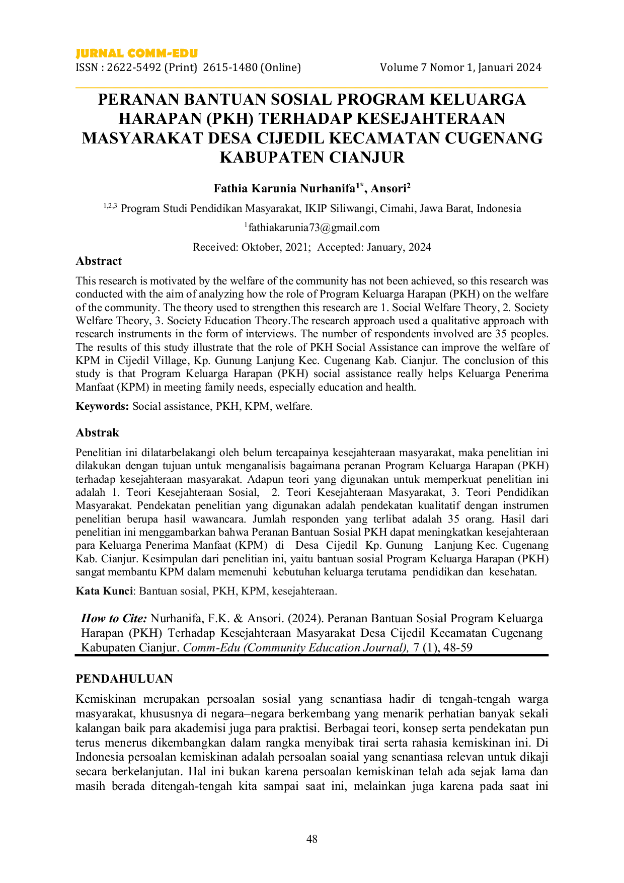 JURIS Peranan Bantuan Sosial Program Keluarga Harapan PKH Terhadap Kesejahteraan Masyarakat Desa Cijedil Kecamatan Cugenang Kabupaten Cianjur