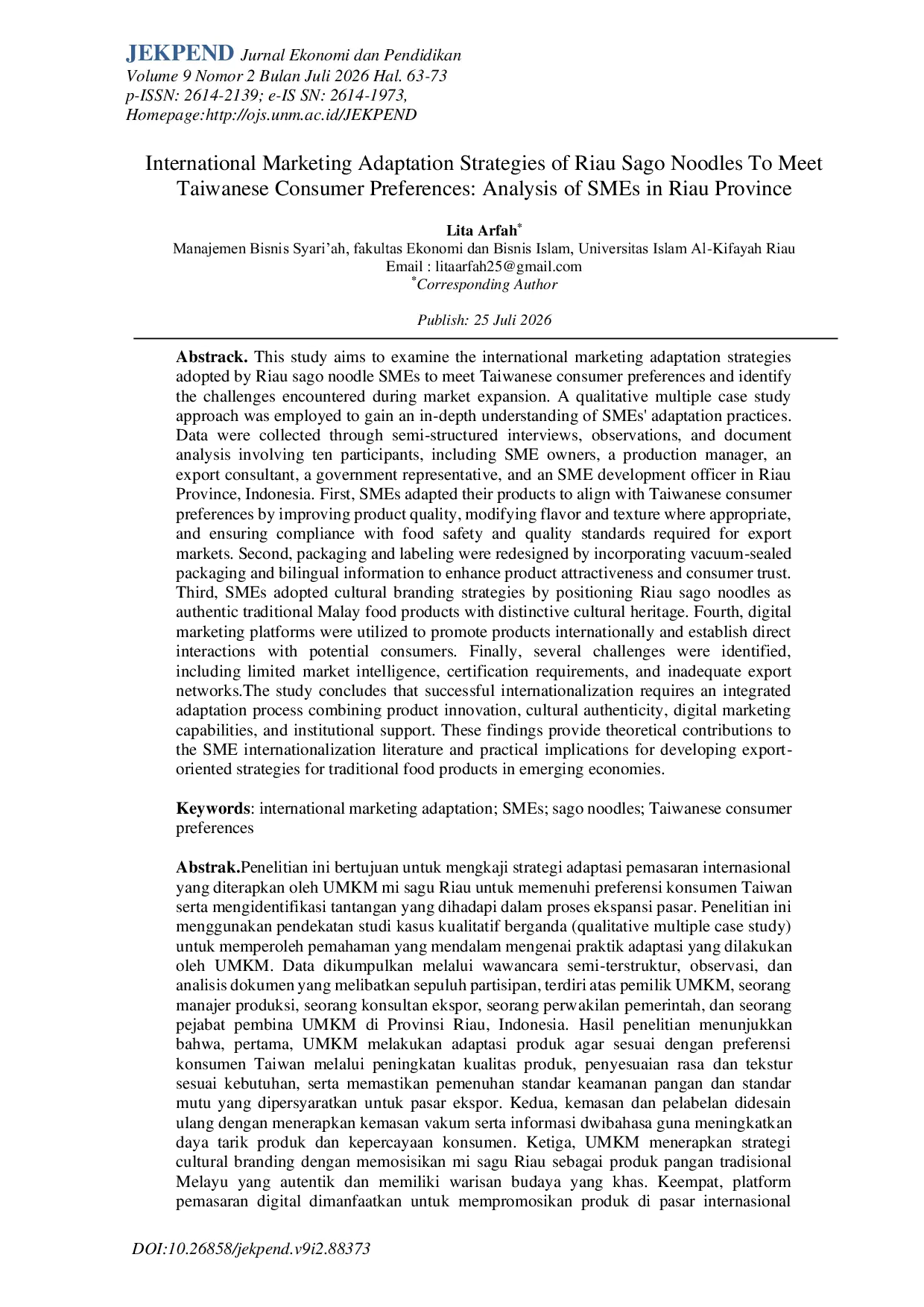 JURIS International Marketing Adaptation Strategies of Riau Sago Noodles to Meet Taiwanese Consumer Preferences Analysis of Smes in Riau Province