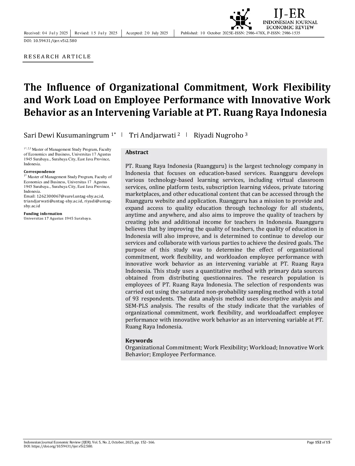 JURIS Pengaruh Komitmen Organisasi Fleksibilitas Kerja dan Beban Kerja terhadap Kinerja Karyawan dengan Perilaku Kerja Inovatif sebagai Variabel Intervening di PT Ruang Raya Indonesia