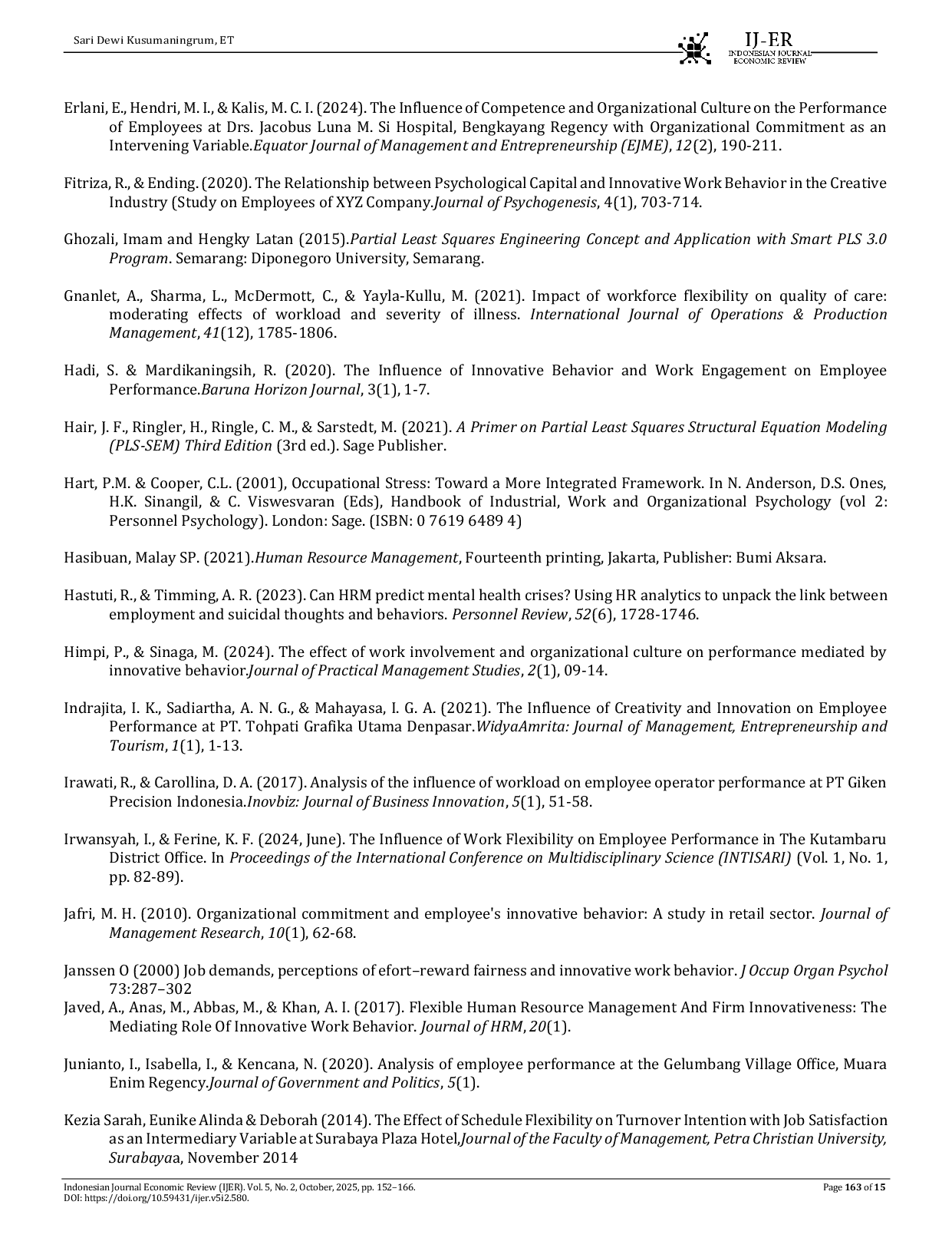 JURIS Pengaruh Komitmen Organisasi Fleksibilitas Kerja dan Beban Kerja terhadap Kinerja Karyawan dengan Perilaku Kerja Inovatif sebagai Variabel Intervening di PT Ruang Raya Indonesia