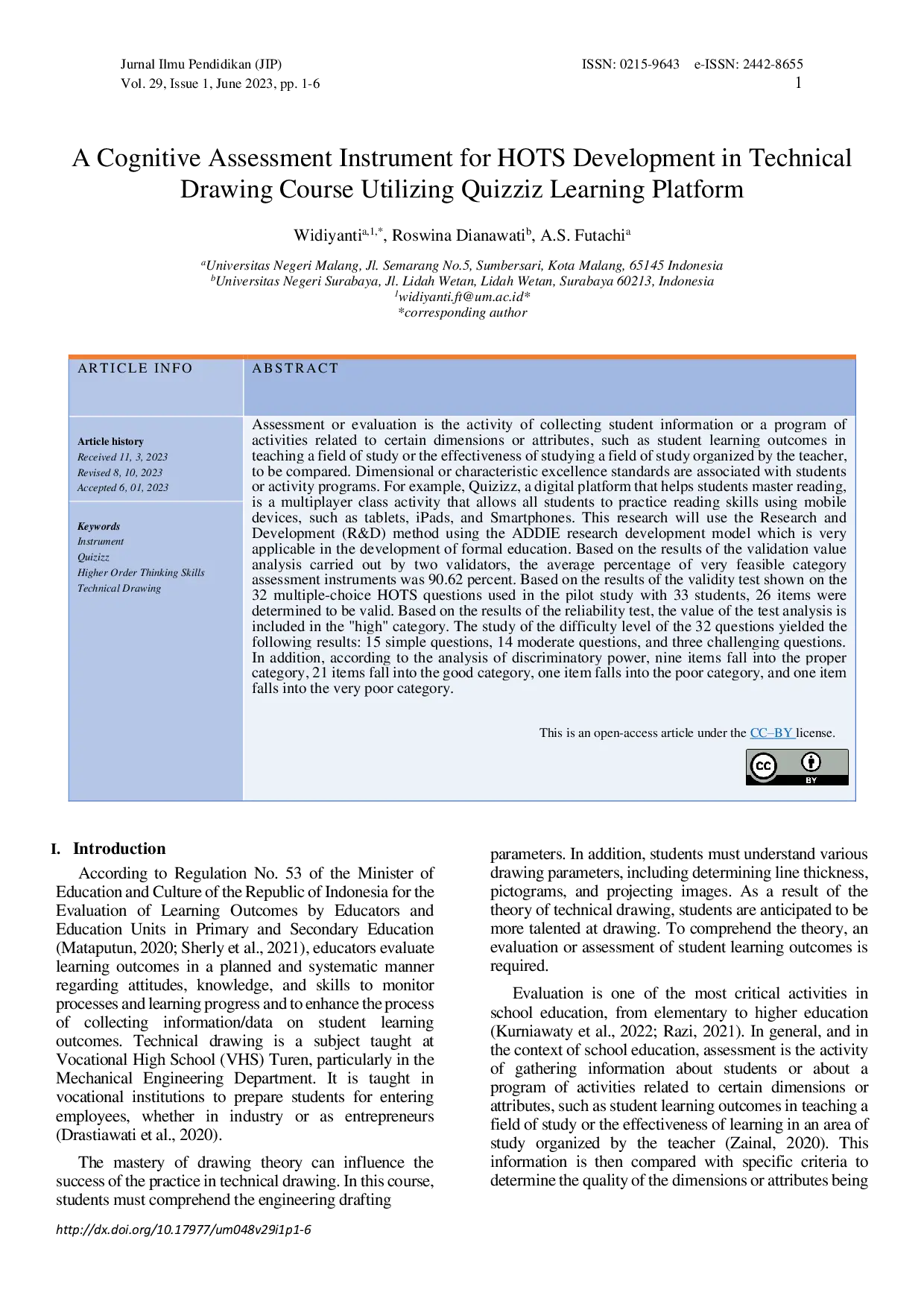 JURIS A Cognitive Assessment Instrument for HOTS Development in Technical Drawing Subjects Utilizing Quizziz Learning Platform