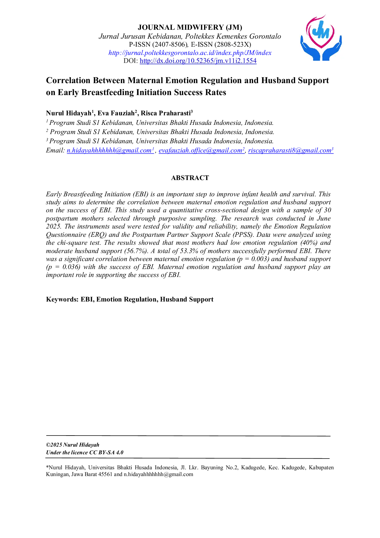 JURIS Correlation Between Maternal Emotion Regulation and Husband Support on Early Breastfeeding Initiation Success Rates