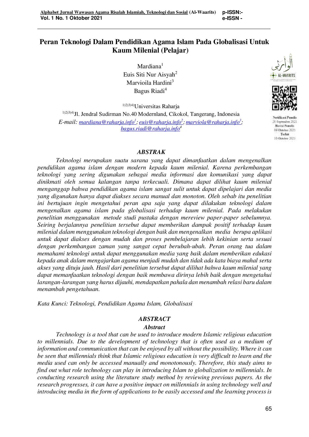 JURIS Peran Teknologi Dalam Pendidikan Agama Islam Pada Globalisasi Untuk Kaum Milenial Pelajar
