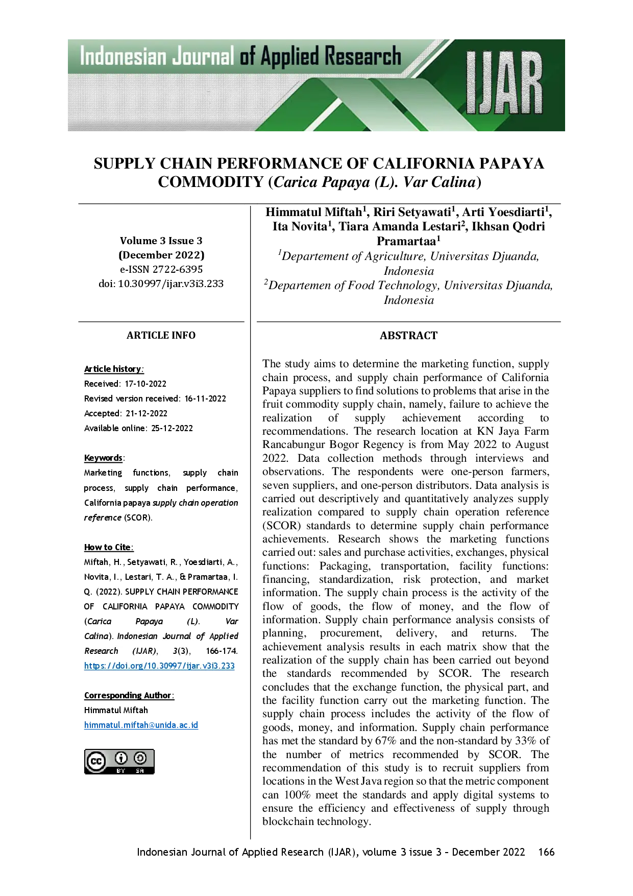 juris Supply Chain Performance of California Papaya Commodity Carica Papaya L Var Calina