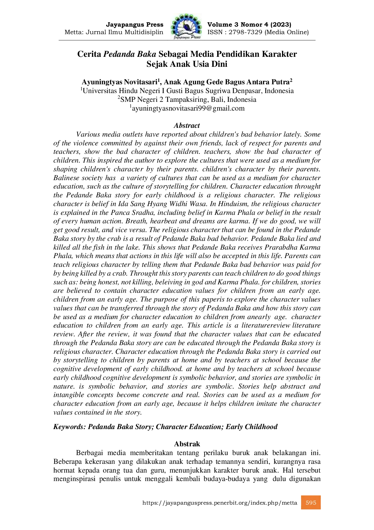 JURIS Cerita Pedanda Baka Sebagai Media Pendidikan Karakter Sejak Anak Usia Dini