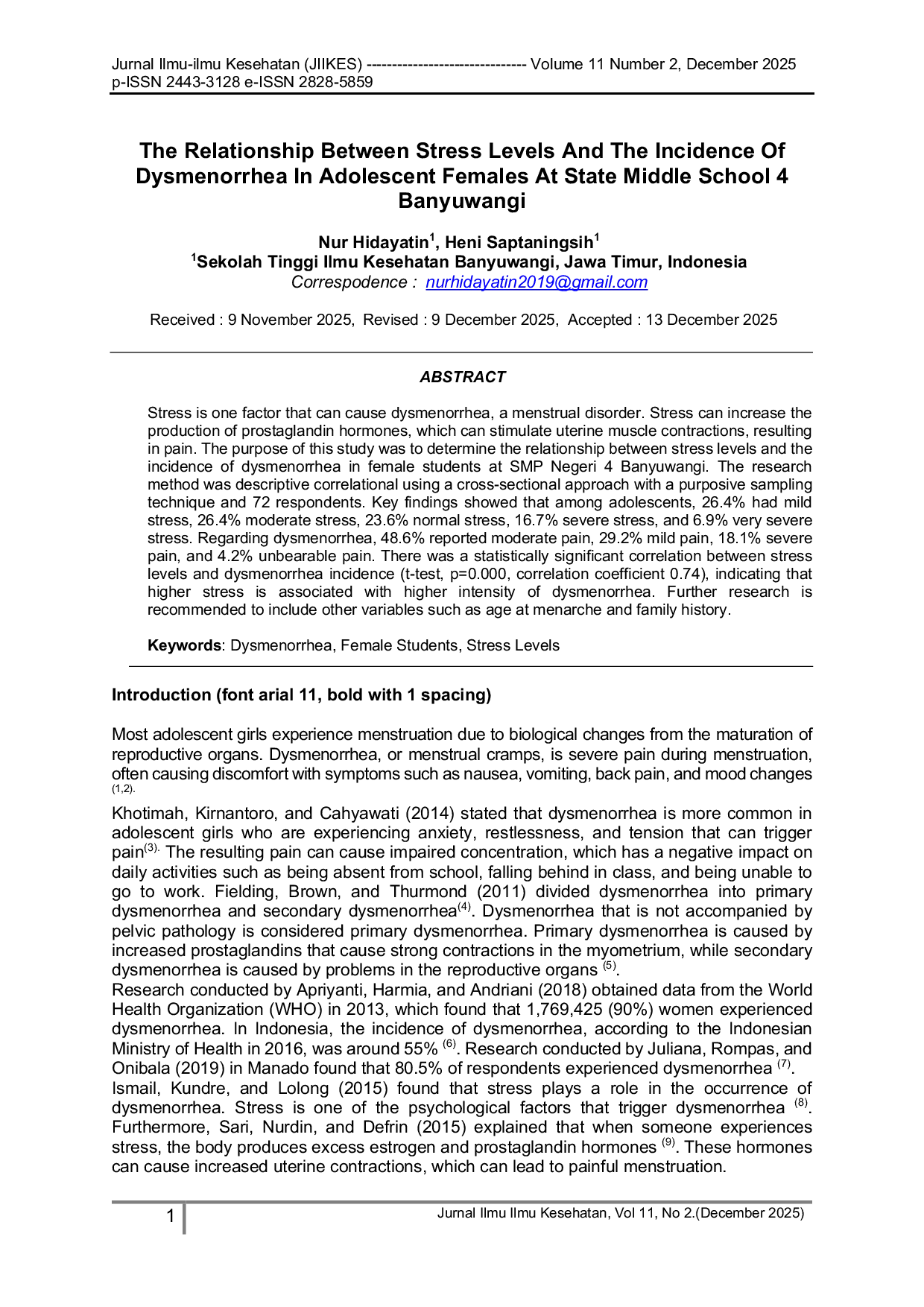 JURIS The Relationship Between Stress Levels And The Incidence Of Dysmenorrhea In Adolescent Females At State Middle School 4 Banyuwangi