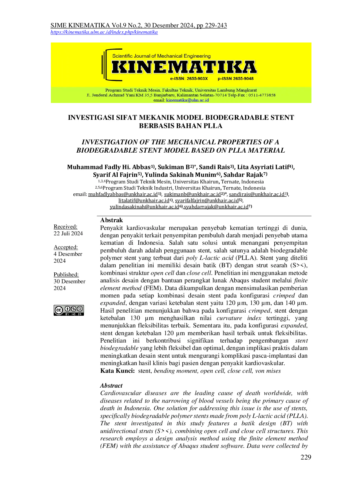 JURIS Investigasi Sifat Mekanik Model Biodegradable Stent Berbasis Bahan PLLA