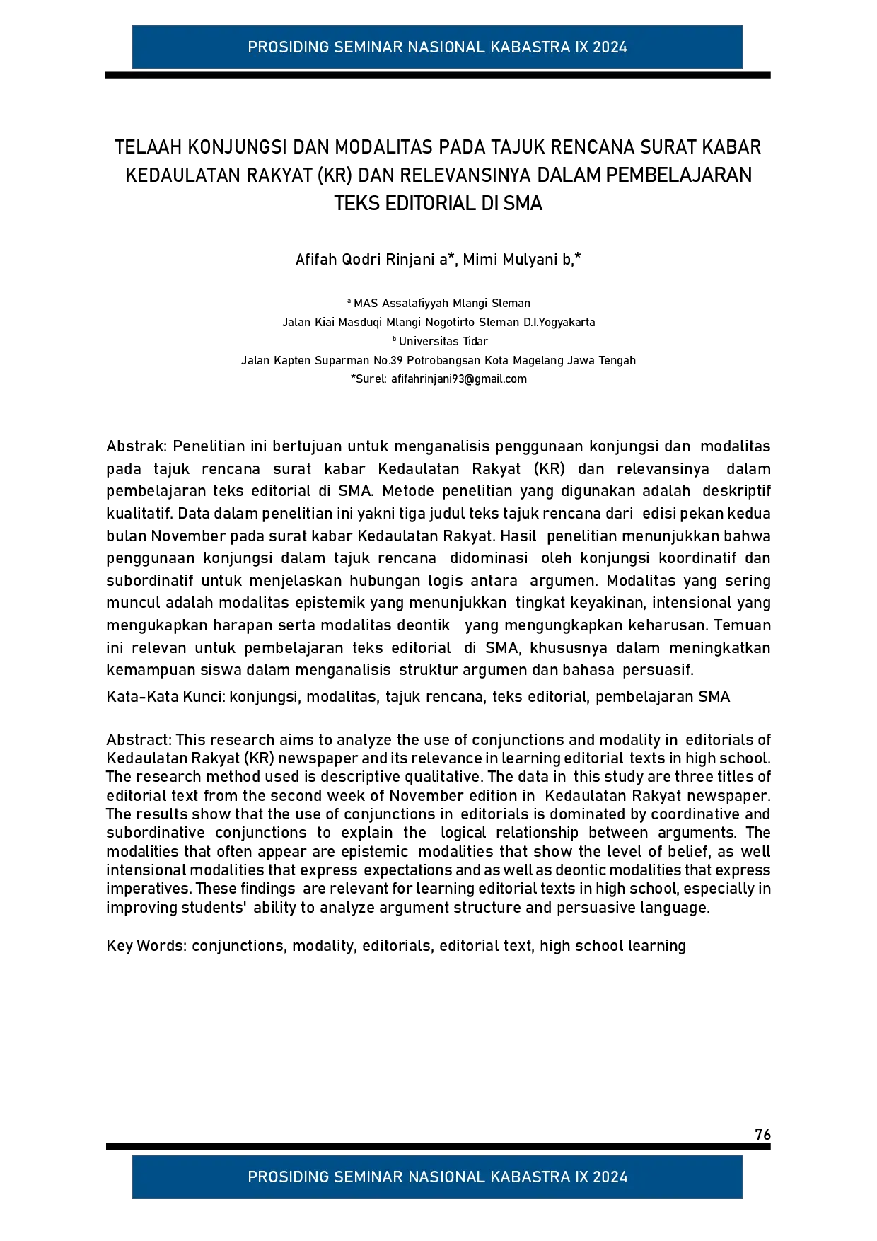 juris Telaah Konjungsi dan Modalitas pada Tajuk Rencana Surat Kabar Kedaulatan Rakyat KR dan Relevansinya dalam Pembelajaran Teks Editorial di SMA