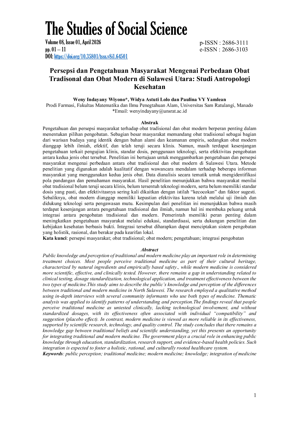 JURIS Persepsi dan Pengetahuan Masyarakat Mengenai Perbedaan Obat Tradisonal dan Obat Modern di Sulawesi Utara Studi Antropologi Kesehatan