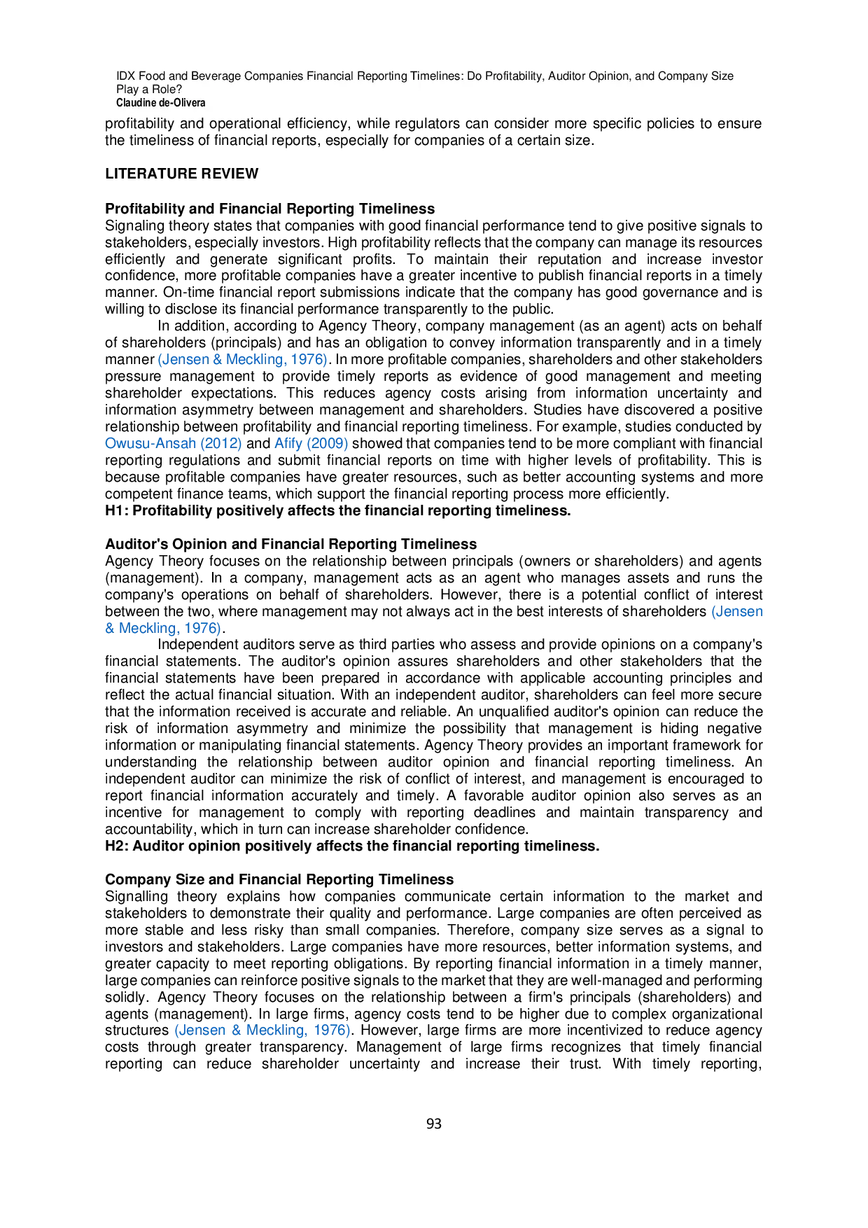 JURIS IDX Food and Beverage Companies Financial Reporting Timelines Do Profitability Auditor Opinion and Company Size Play a Role