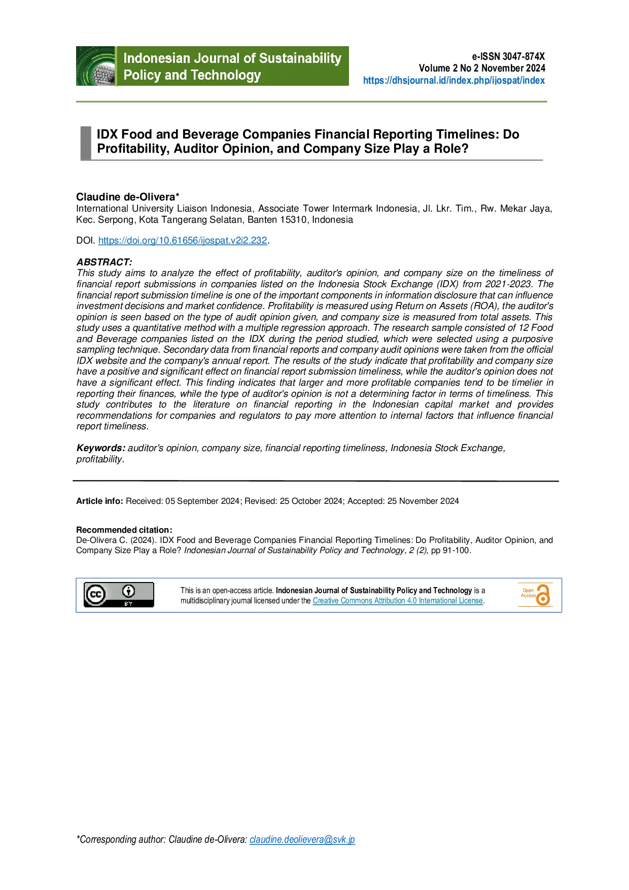 JURIS IDX Food and Beverage Companies Financial Reporting Timelines Do Profitability Auditor Opinion and Company Size Play a Role