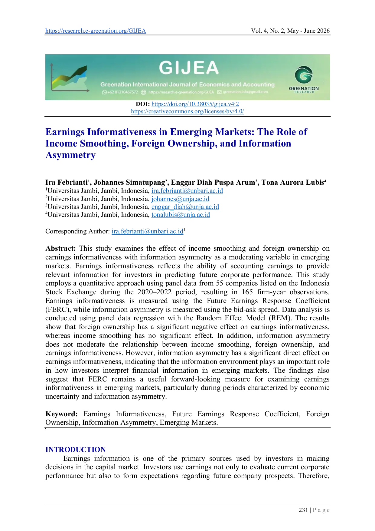 JURIS Earnings Informativeness in Emerging Markets The Role of Income Smoothing Foreign Ownership and Information Asymmetry
