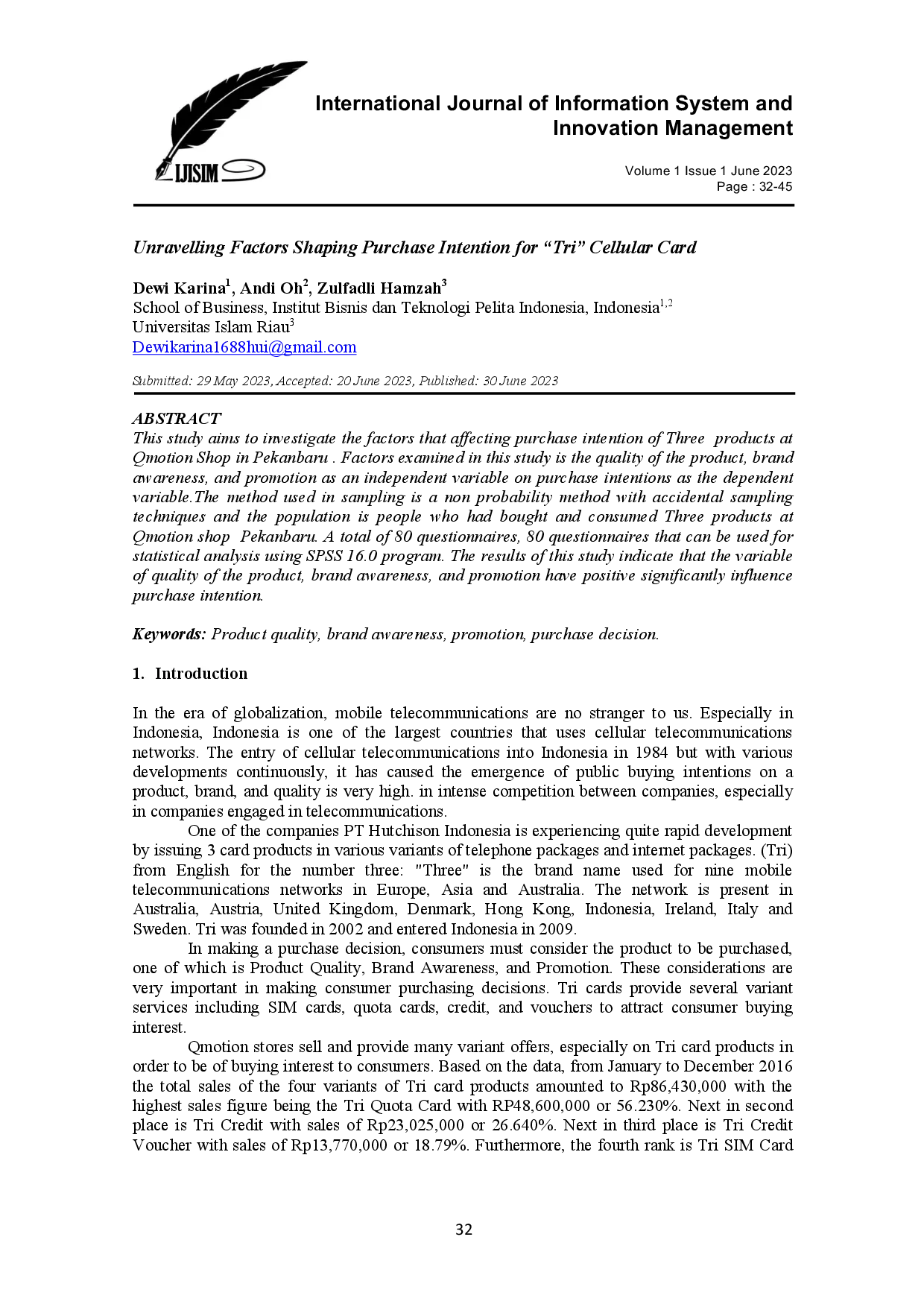 JURIS Unravelling Factors Shaping Purchase Intention for Tri Cellular Card