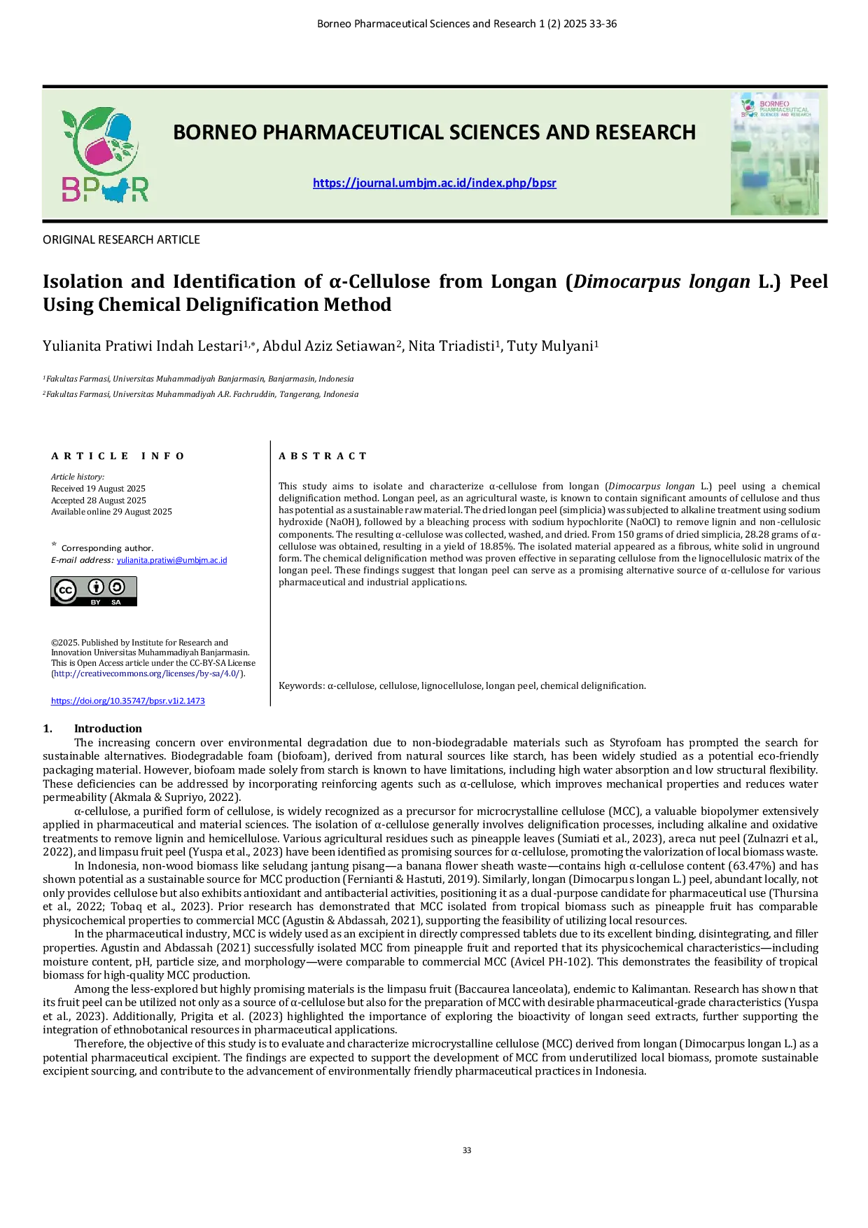 JURIS Isolation and Identification of Cellulose from Longan Dimocarpus longan L Peel Using Chemical Delignification Method