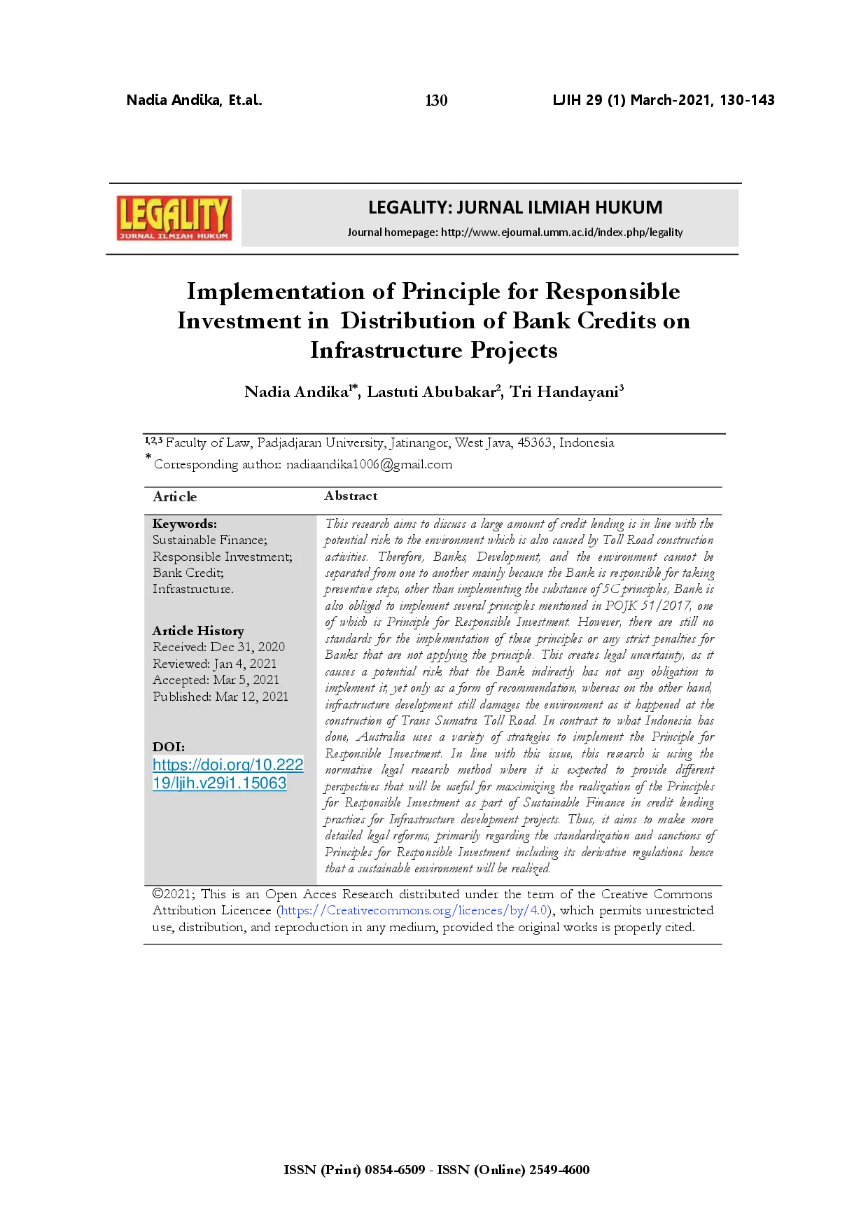 juris Implementation of principle for responsible investment in distribution of bank credits on infrastructure projects