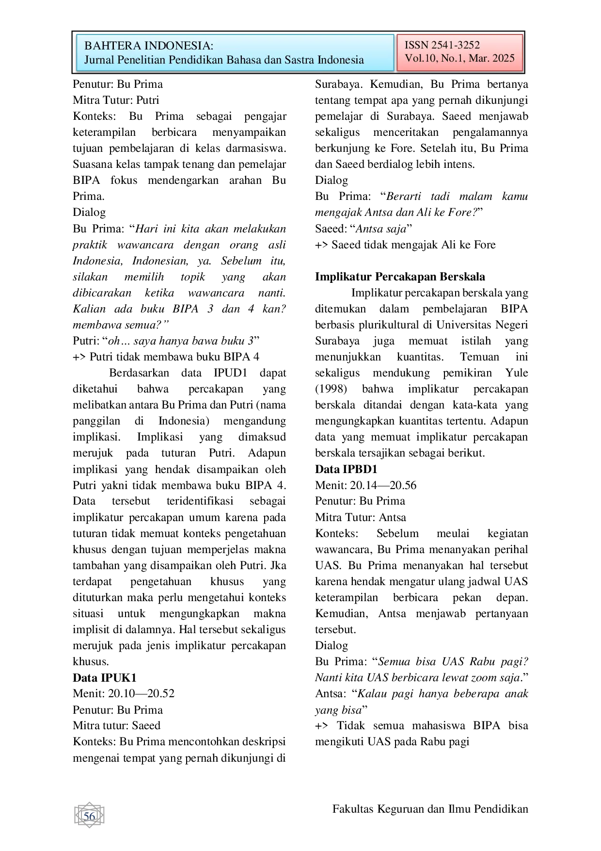 JURIS Implikatur Percakapan Dalam Pembelajaran BIPA Berbasis Plurikultural Di Universitas Negeri Surabaya