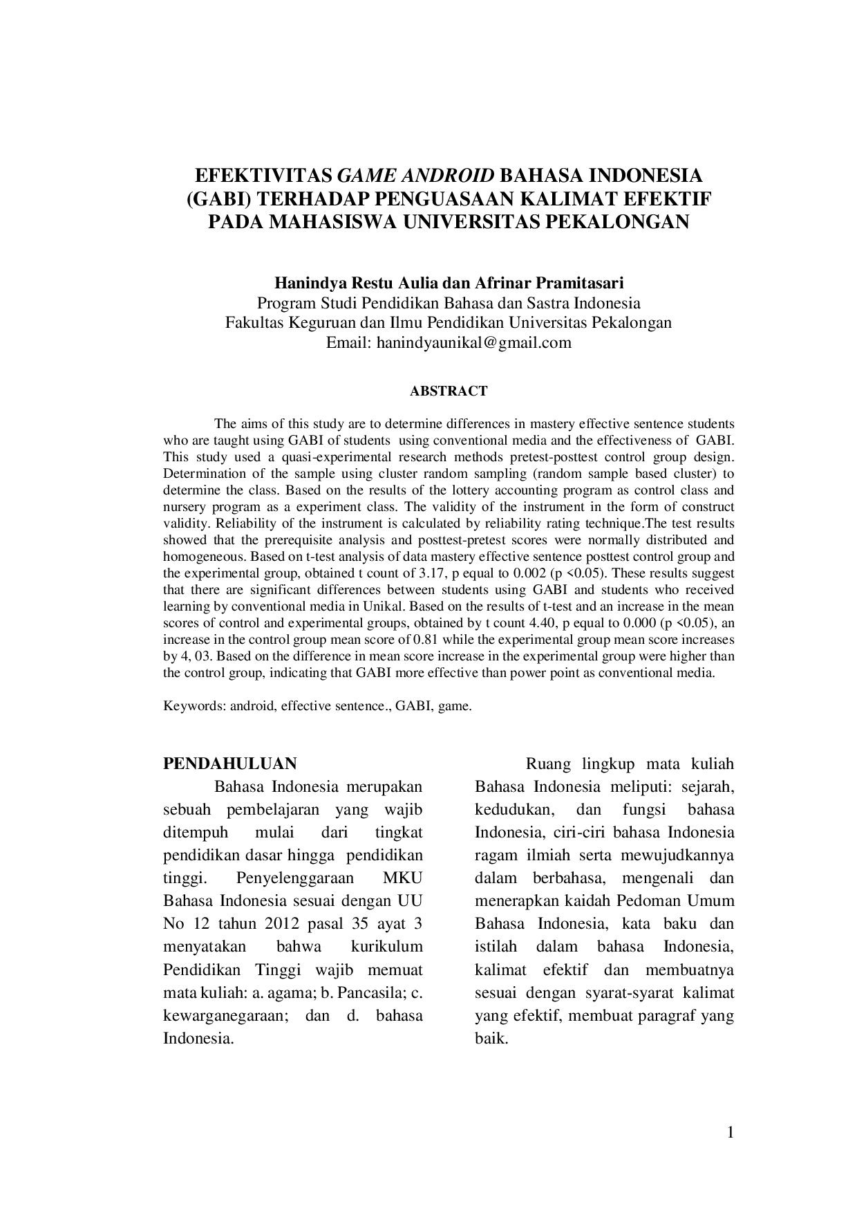 juris Efektivitas Game Android Bahasa Indonesia GABI Terhadap Penguasaan Kalimat Efektif Pada Mahasiswa Universitas Pekalongan