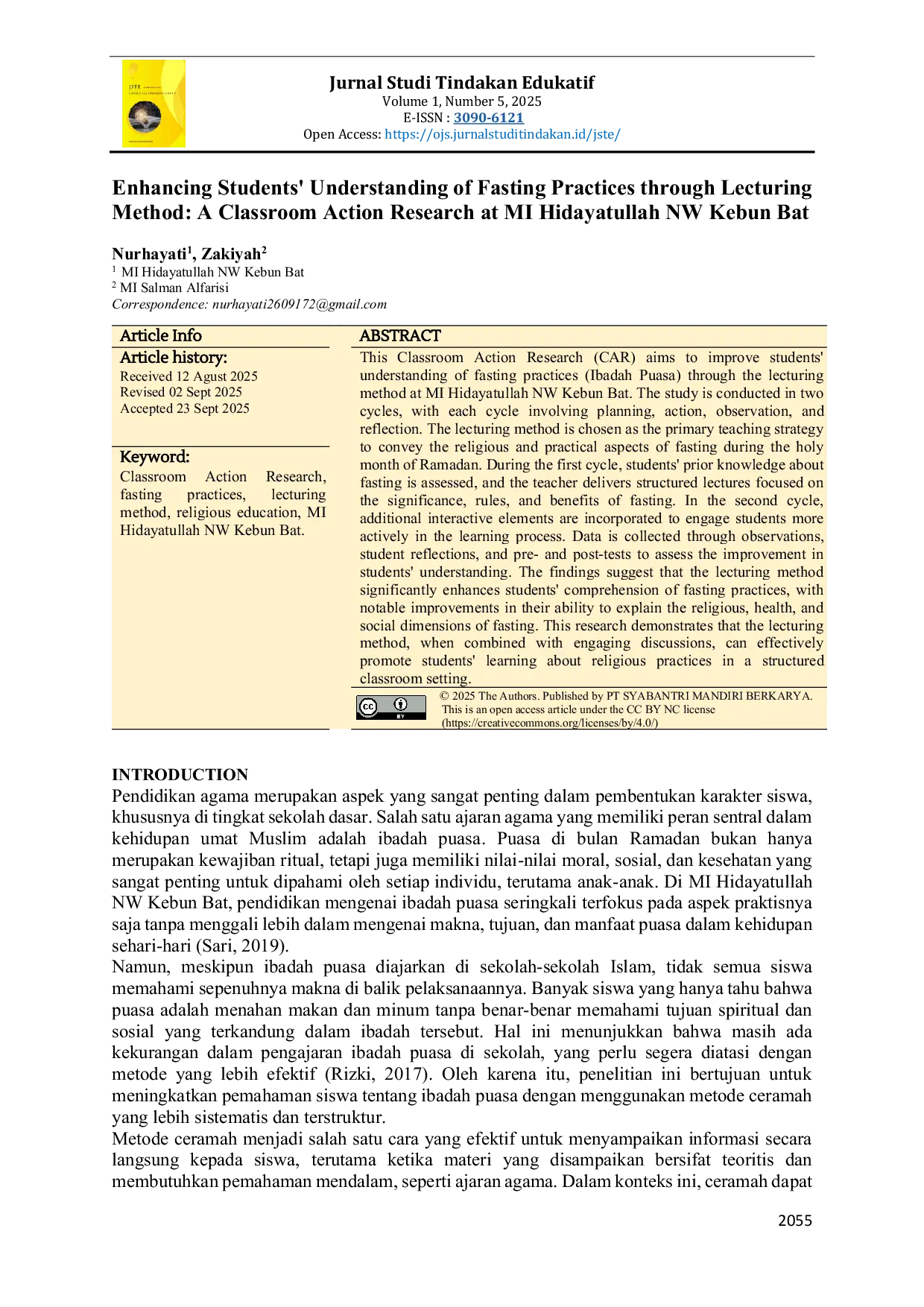 JURIS Enhancing Students Understanding of Fasting Practices through Lecturing Method A Classroom Action Research at MI Hidayatullah NW Kebun Bat