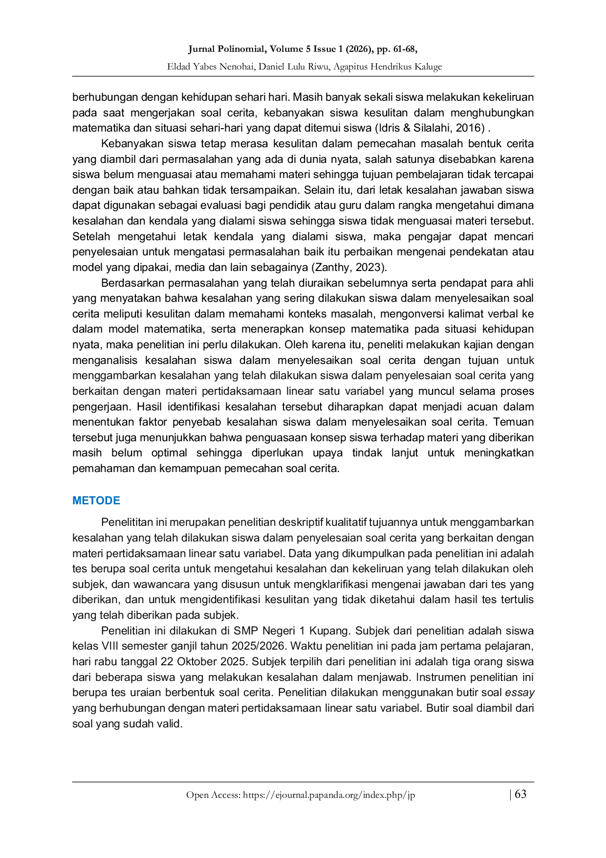 JURIS Analisis Kesalahan Siswa dalam Menyelesaikan Soal Cerita Studi Kasus pada Materi Pertidaksamaan Linear Satu Variabel