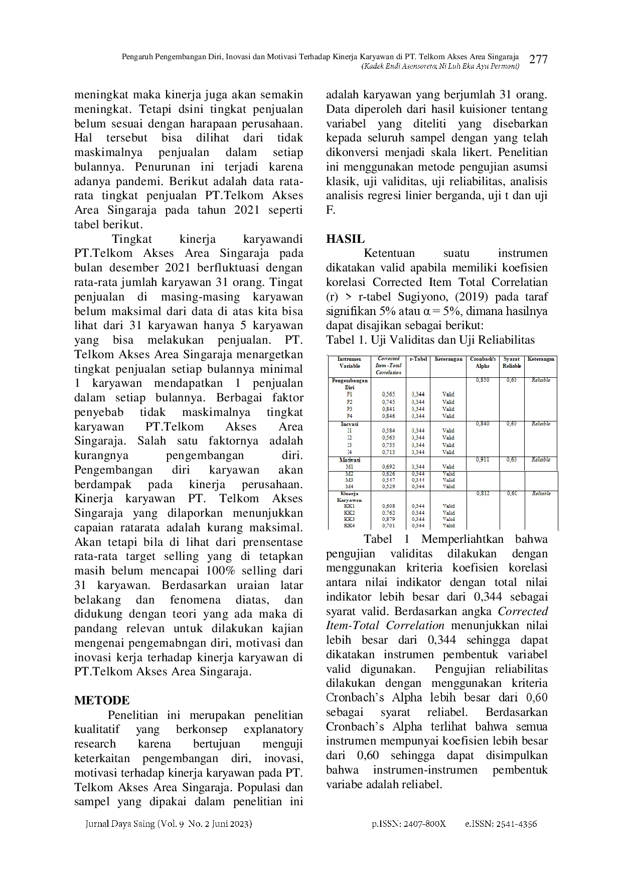 juris Pengaruh Pengembangan Diri Inovasi dan Motivasi Terhadap Kinerja Karyawan di PT Telkom Akses Area Singaraja