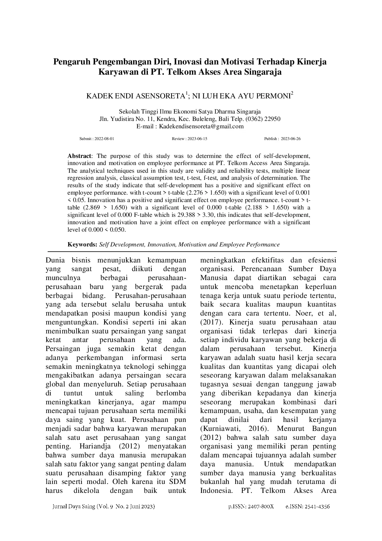juris Pengaruh Pengembangan Diri Inovasi dan Motivasi Terhadap Kinerja Karyawan di PT Telkom Akses Area Singaraja