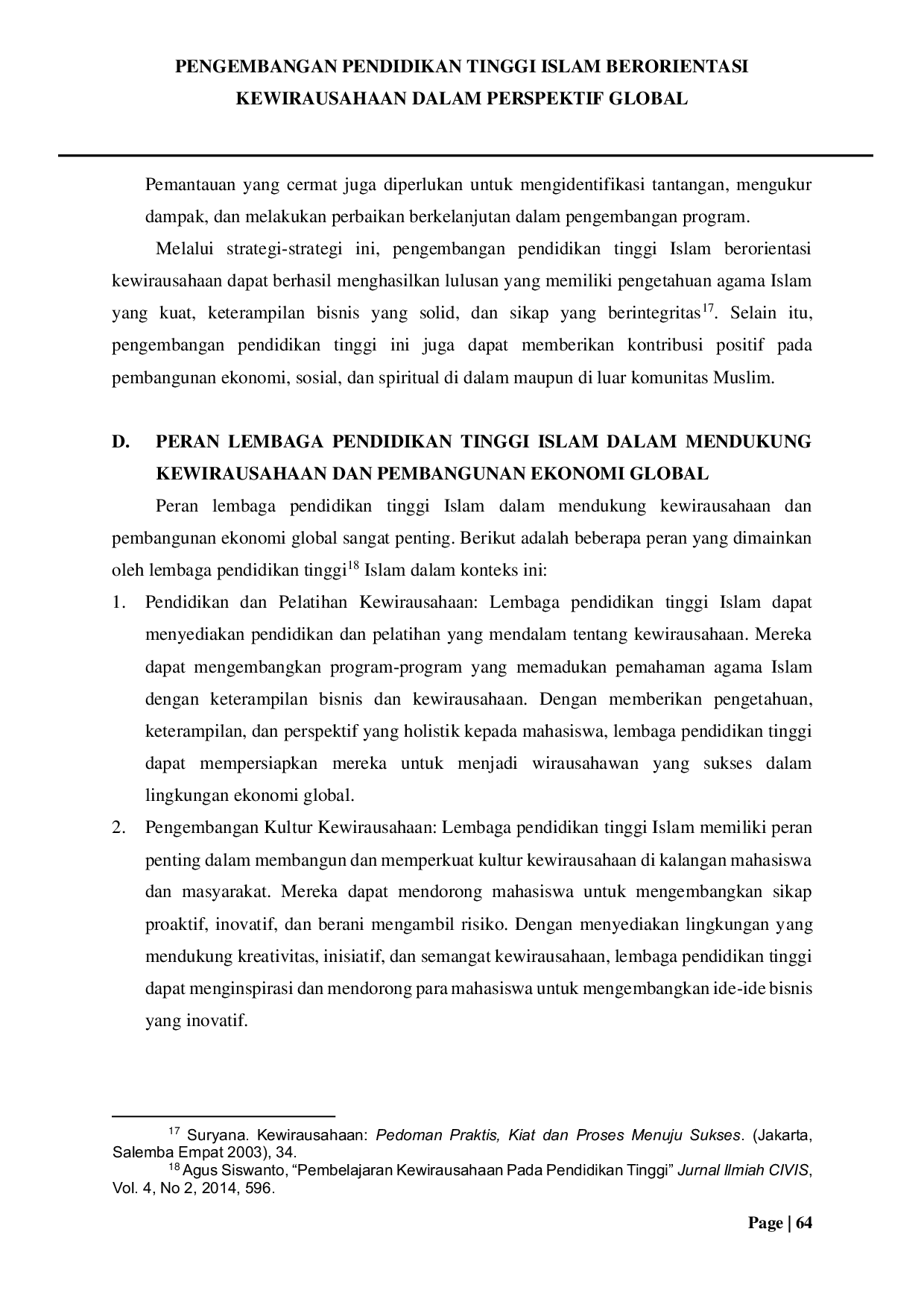 JURIS Pengembangan Pendidikan Tinggi Islam Berorientasi Kewirausahaan Dalam Perspektif Global