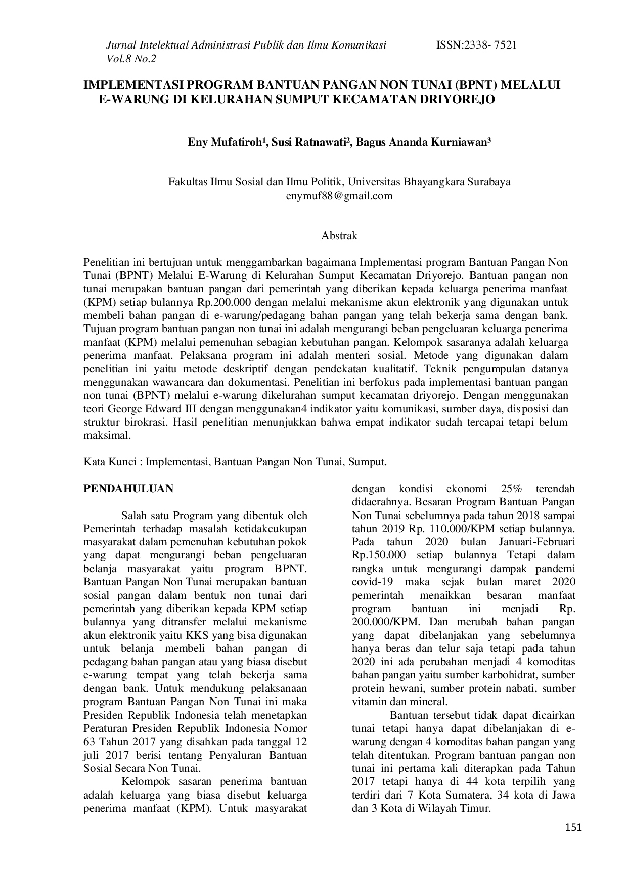 JURIS Implementasi Program Bantuan Pangan Non Tunai BPNT Melalui E Warung di Kelurahan Sumput Kecamatan Driyorejo