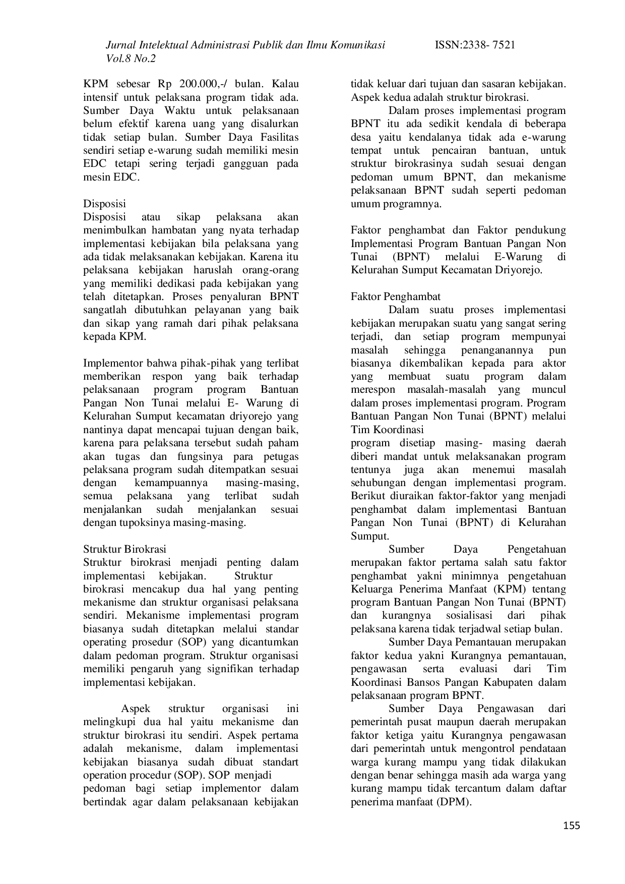 JURIS Implementasi Program Bantuan Pangan Non Tunai BPNT Melalui E Warung di Kelurahan Sumput Kecamatan Driyorejo