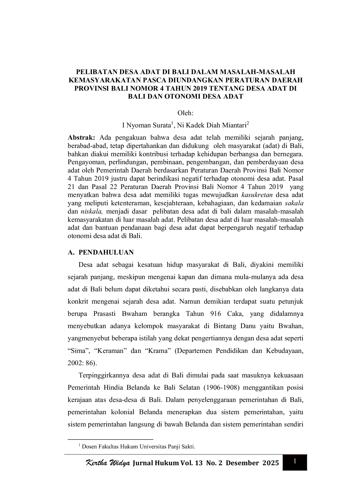JURIS Pelibatan Desa Adat Di Bali Dalam Masalah Masalah Kemasyarakatan Pasca Diundangkan Peraturan Daerah Provinsi Bali Nomor 4 Tahun 2019 Tentang Desa Adat Di Bali Dan Otonomi Desa Adat