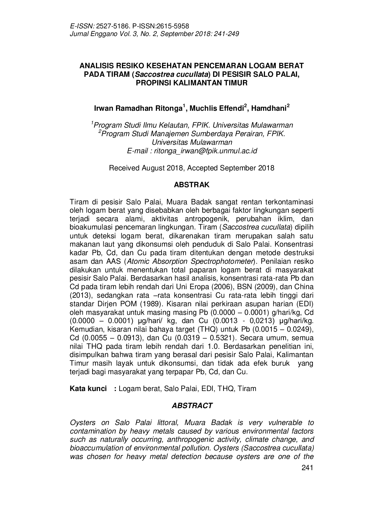 JURIS ANALISIS RESIKO KESEHATAN PENCEMARAN LOGAM BERAT PADA TIRAM Saccostrea cucullata DI PESISIR SALO PALAI PROPINSI KALIMANTAN TIMUR