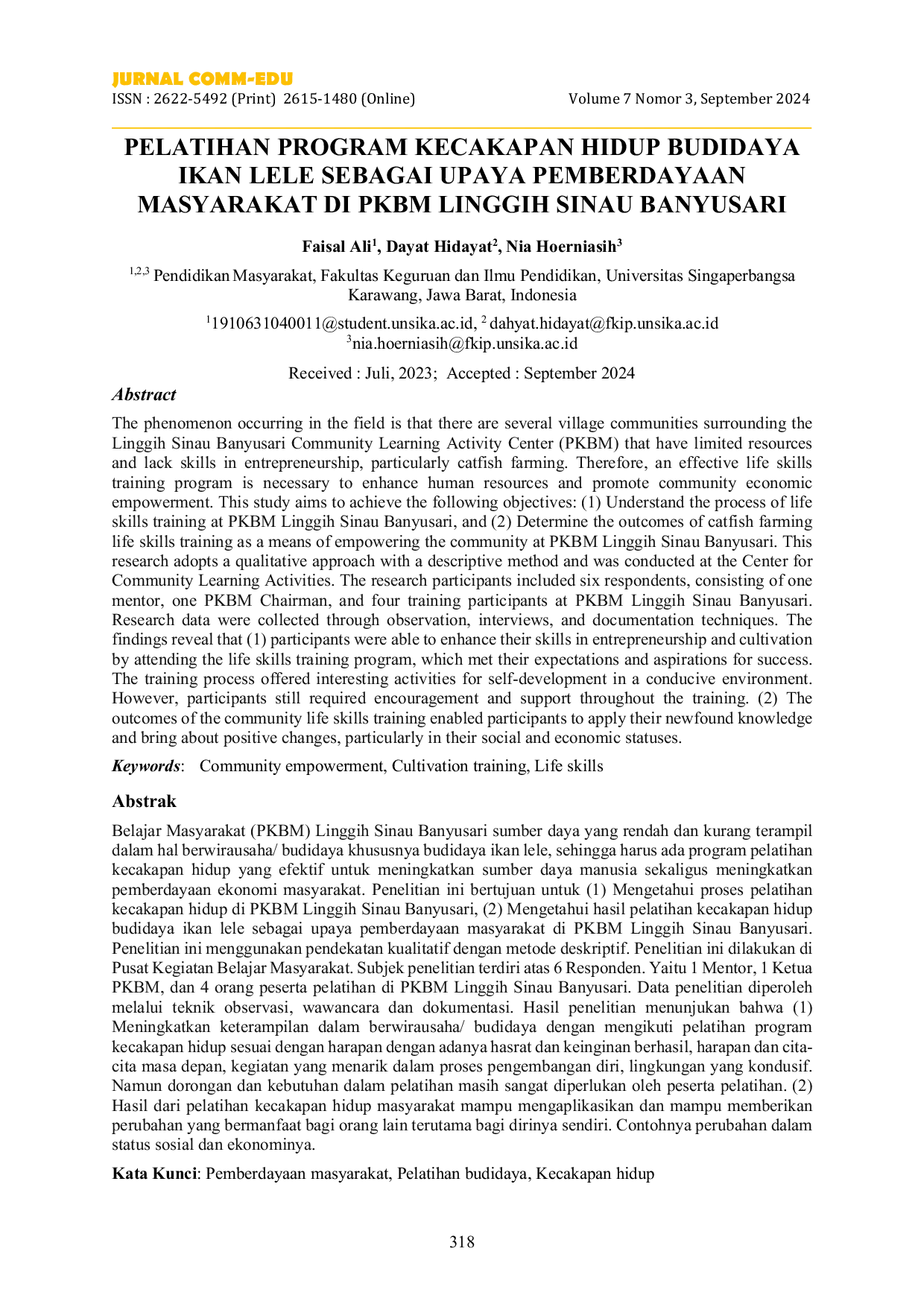 JURIS Pelatihan Program Kecakapan Hidup Budidaya Ikan Lele Sebagai Upaya Pemberdayaan Masyarakat di PKBM Linggih Sinau Banyusari