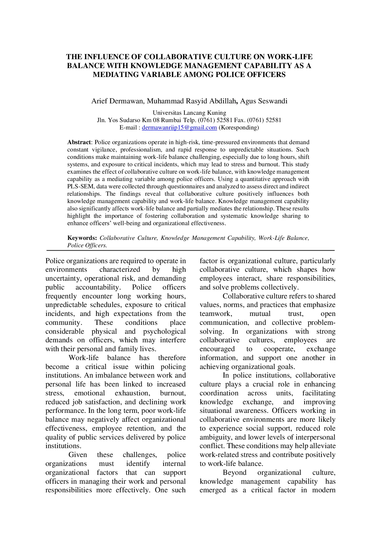 JURIS The Influence of Collaborative Culture on Work Life Balance With Knowledge Management Capability as a Mediating Variable Among Police Officers