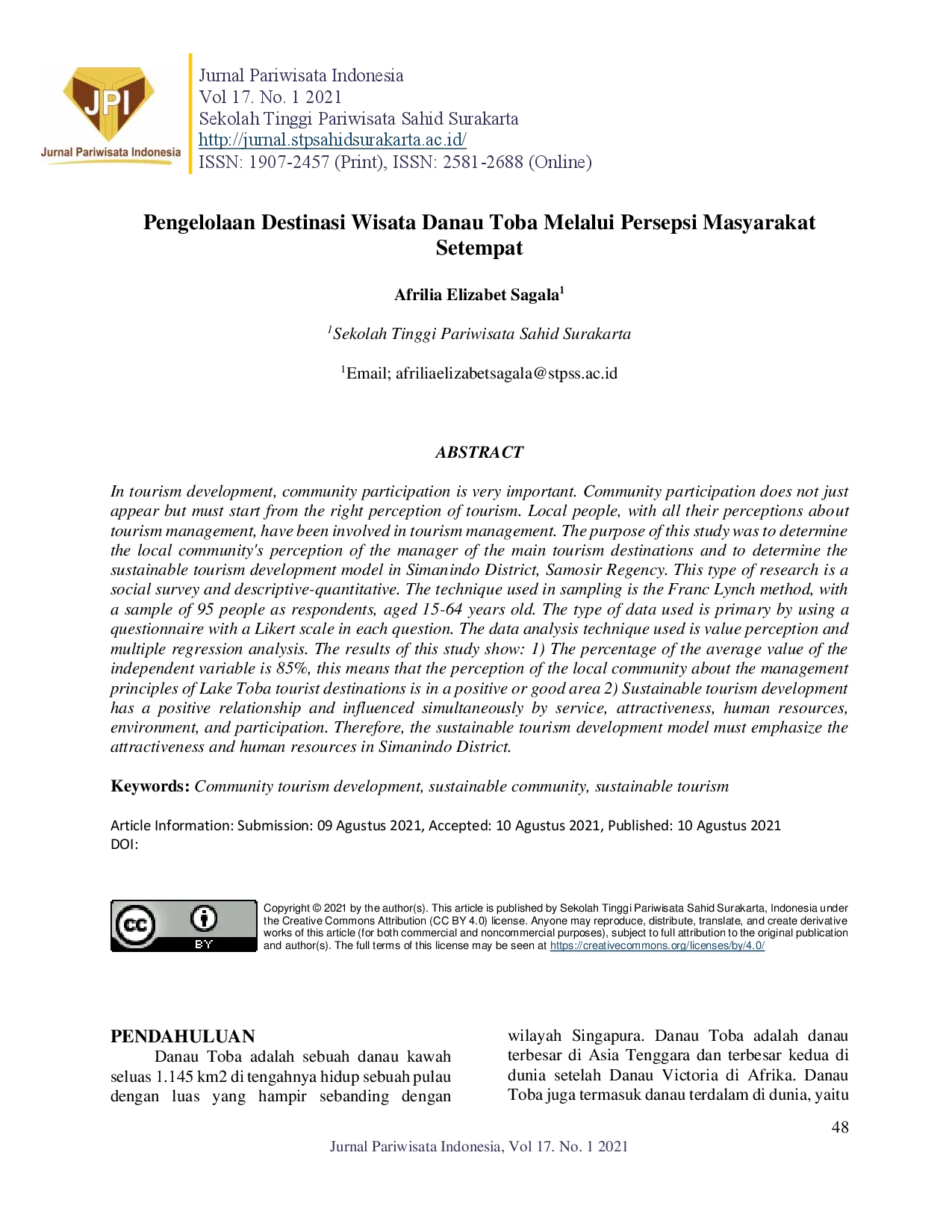 juris Pengelolaan Destinasi Wisata Danau Toba Melalui Persepsi Masyarakat Setempat