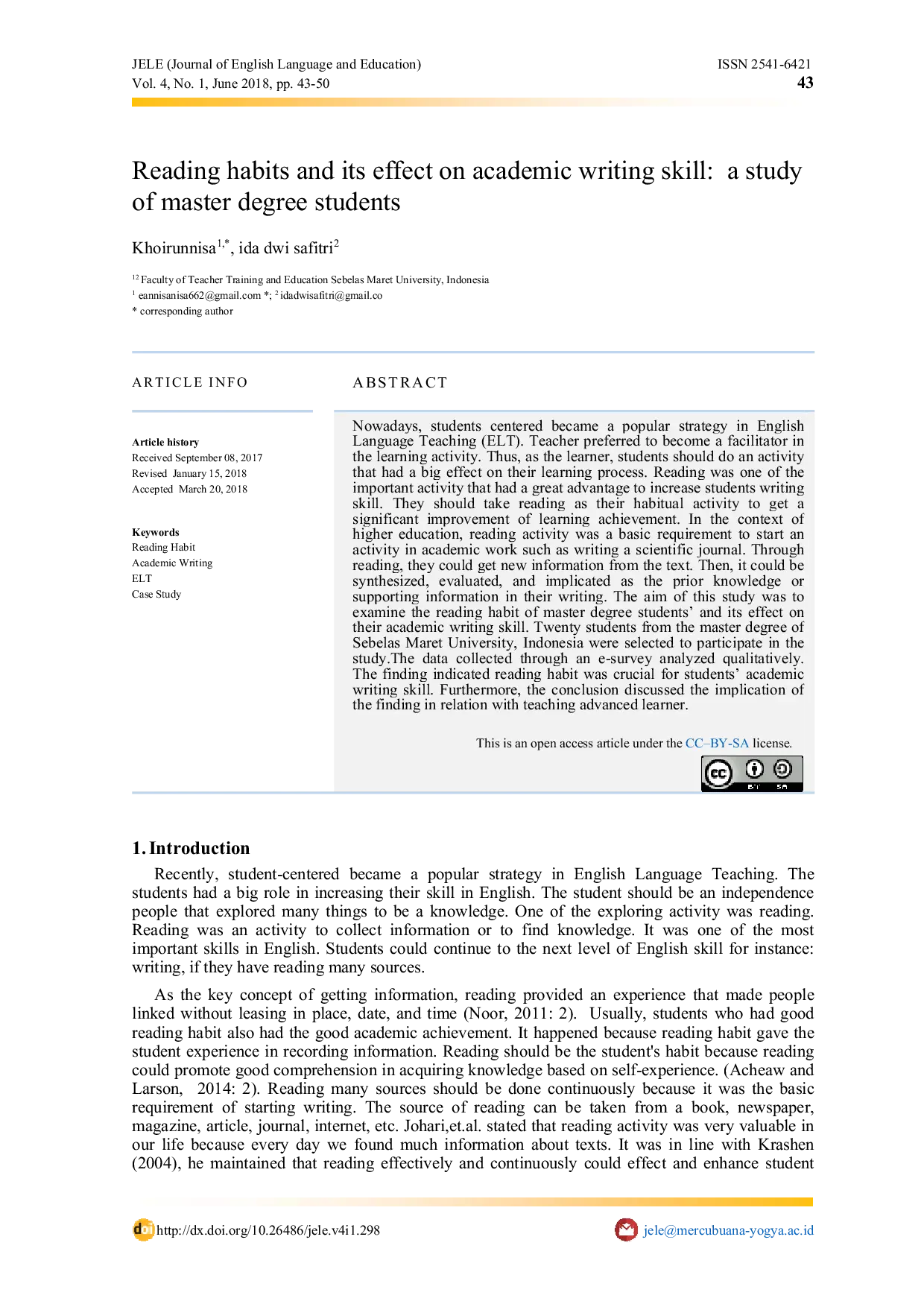 JURIS Reading Habits and Its Effect on Academic Writing Skill A Study of Master Degree Students