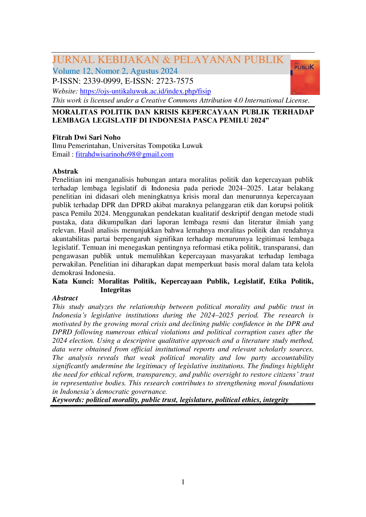 JURIS Moralitas Politik Dan Krisis Kepercayaan Publik Terhadap Lembaga Legislatif Di Indonesia Pasca Pemilu 2024