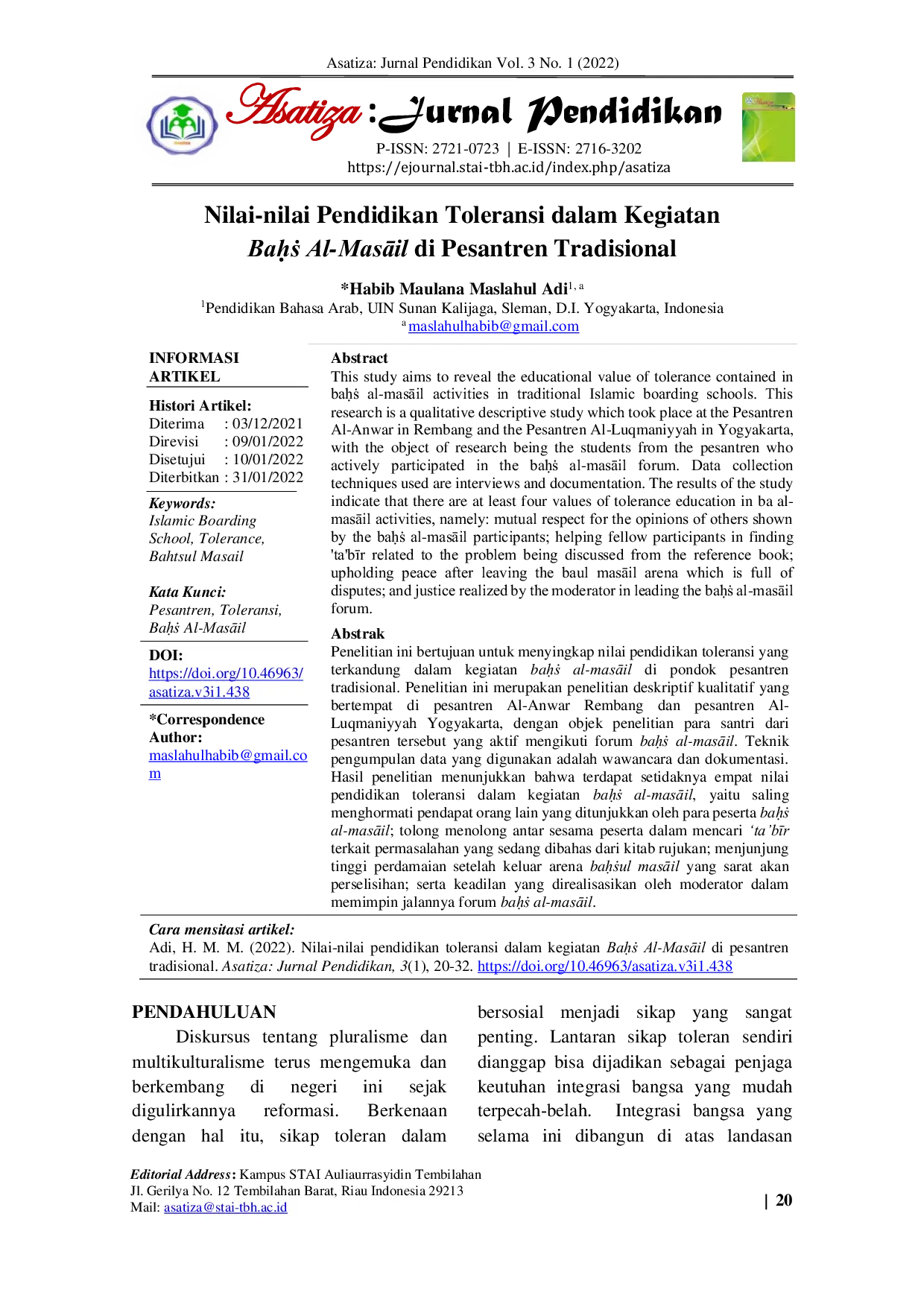 JURIS Nilai nilai Pendidikan Toleransi dalam Kegiatan Bahs Al MasAil di Pesantren Tradisional