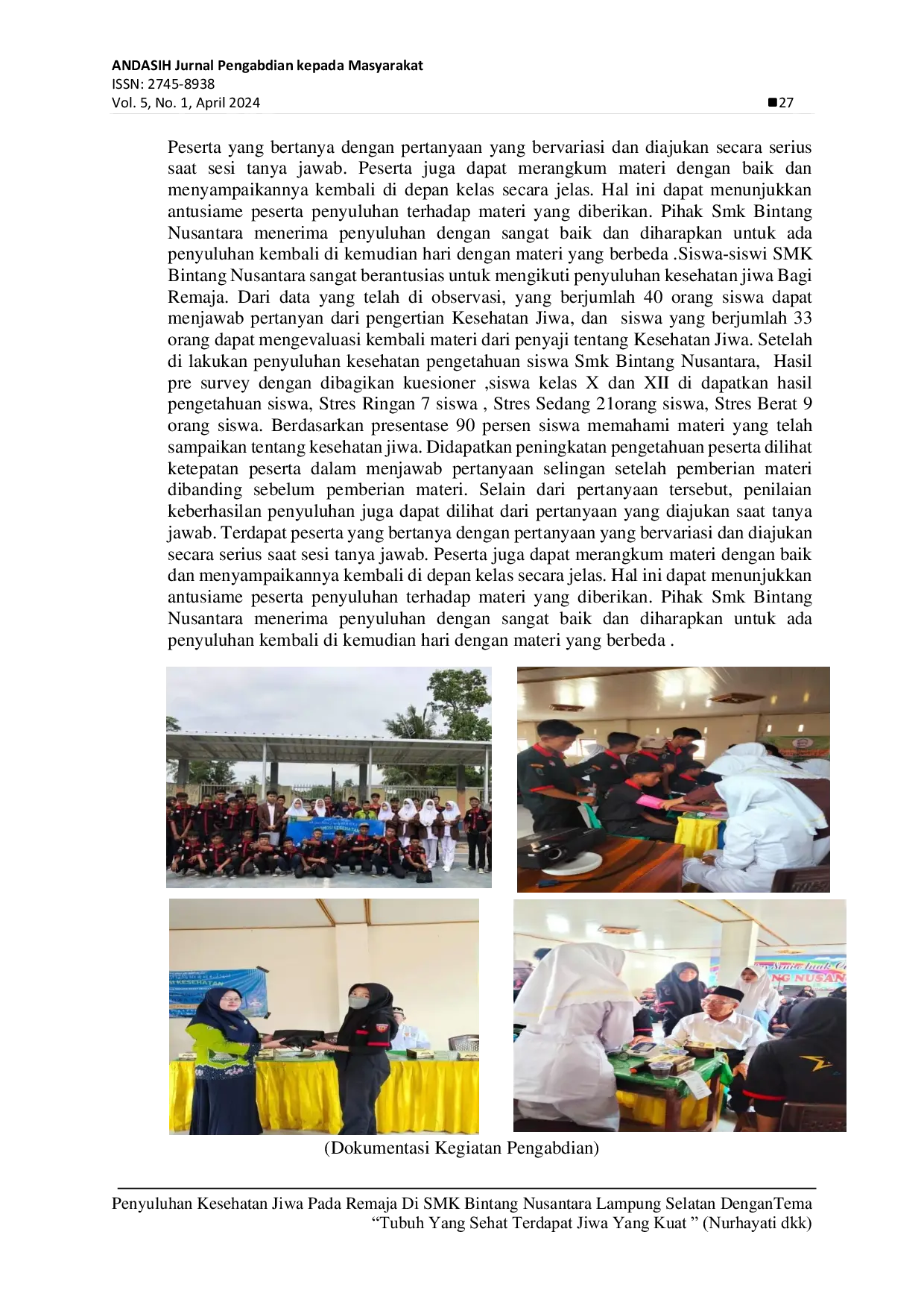 JURIS Penyuluhan Kesehatan Jiwa Pada Remaja Di SMK Bintang Nusantara Lampung Selatan DenganTema Tubuh Yang Sehat Terdapat Jiwa Yang Kuat