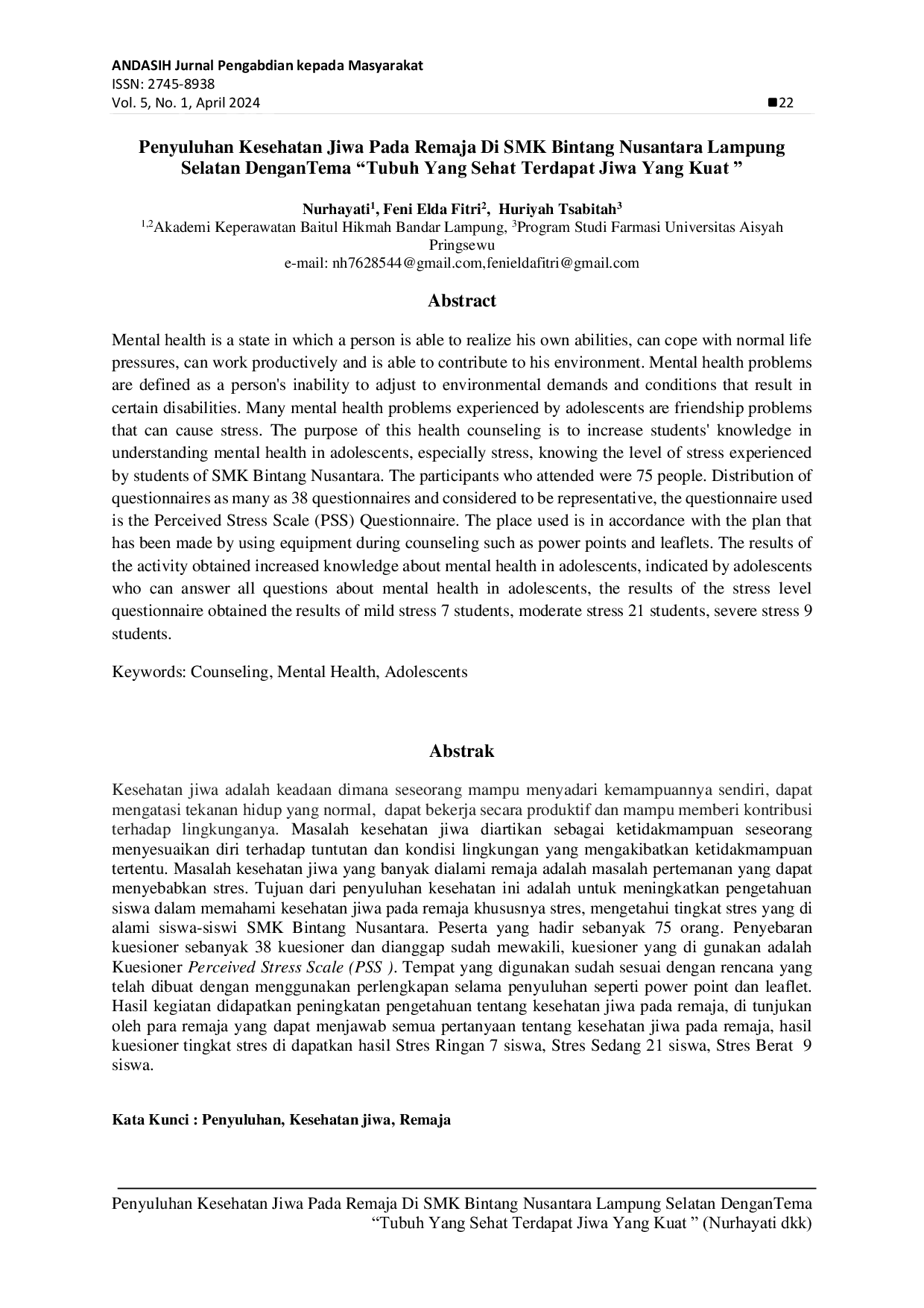 JURIS Penyuluhan Kesehatan Jiwa Pada Remaja Di SMK Bintang Nusantara Lampung Selatan DenganTema Tubuh Yang Sehat Terdapat Jiwa Yang Kuat
