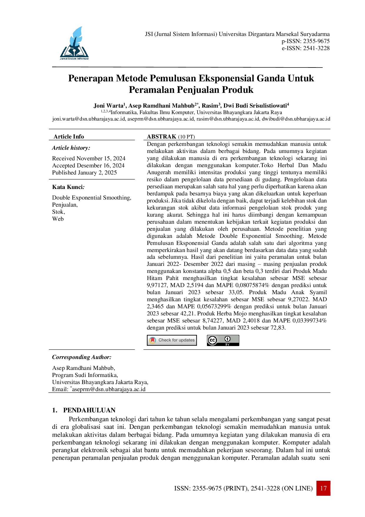 JURIS Penerapan Metode Pemulusan Eksponensial Ganda Untuk Peramalan Penjualan Produk