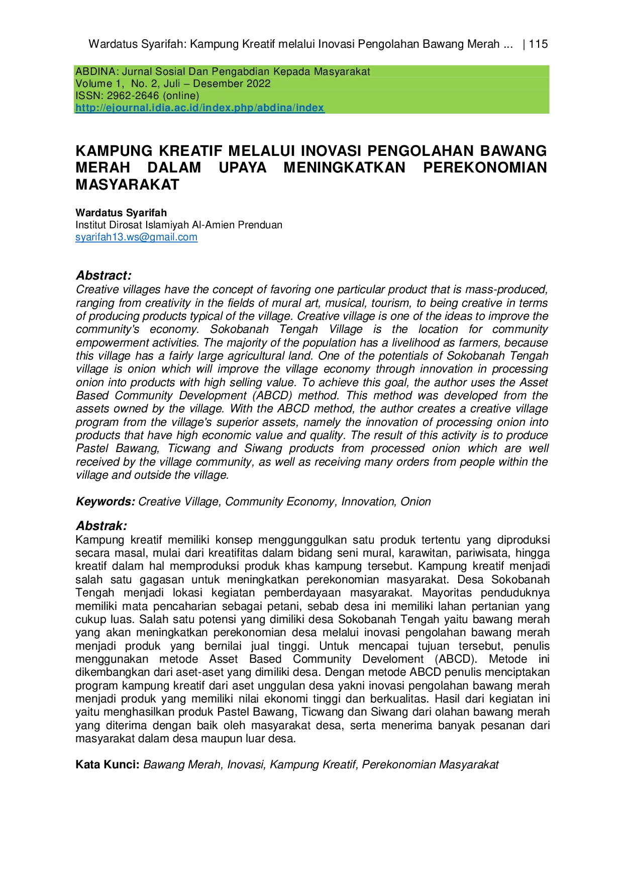 JURIS Kampung Kreatif Melalui Inovasi Pengolahan Bawang Merah Dalam Upaya Meningkatkan Perekonomian Masyarakat