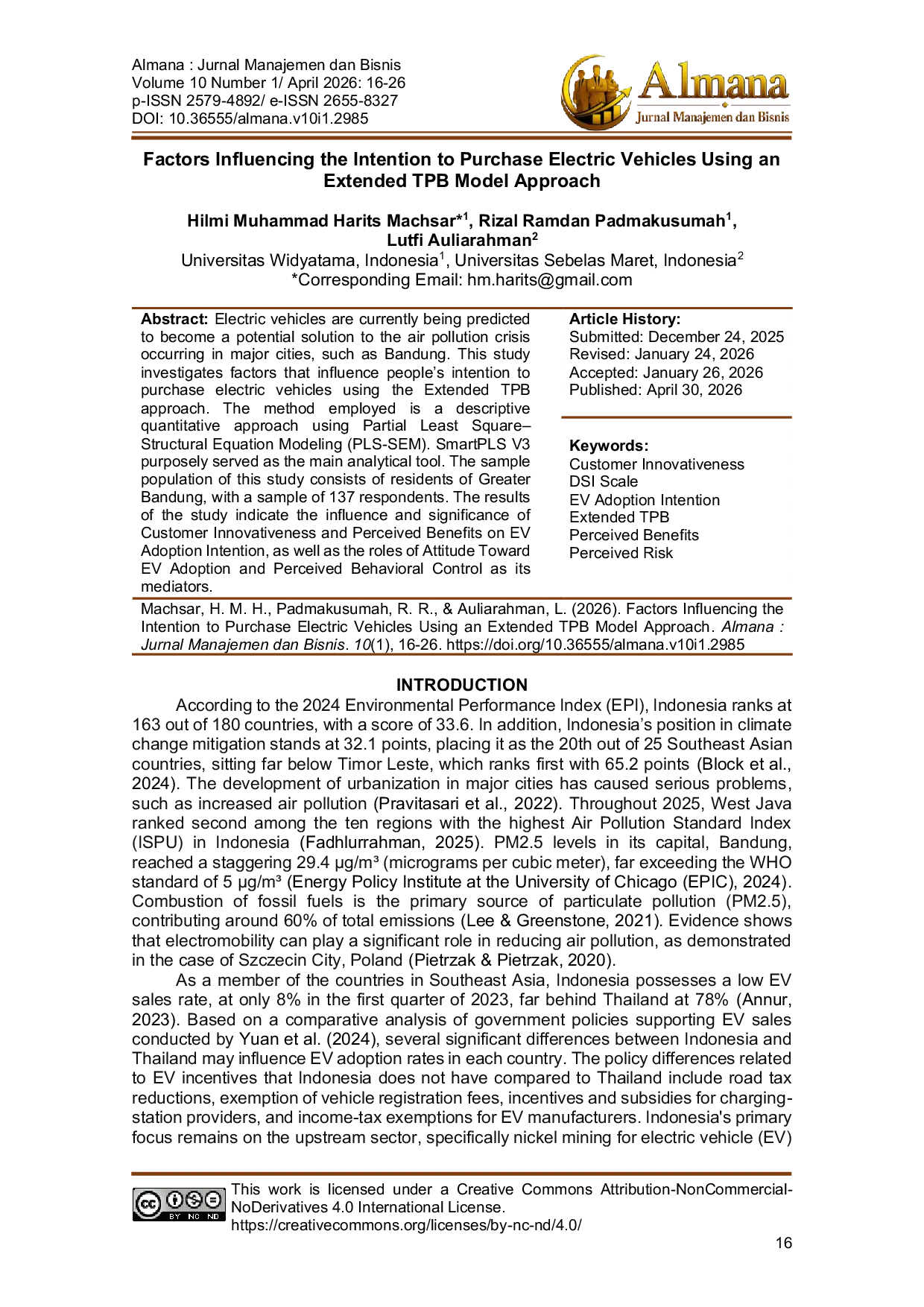 JURIS Factors Influencing the Intention to Purchase Electric Vehicles Using an Extended TPB Model Approach