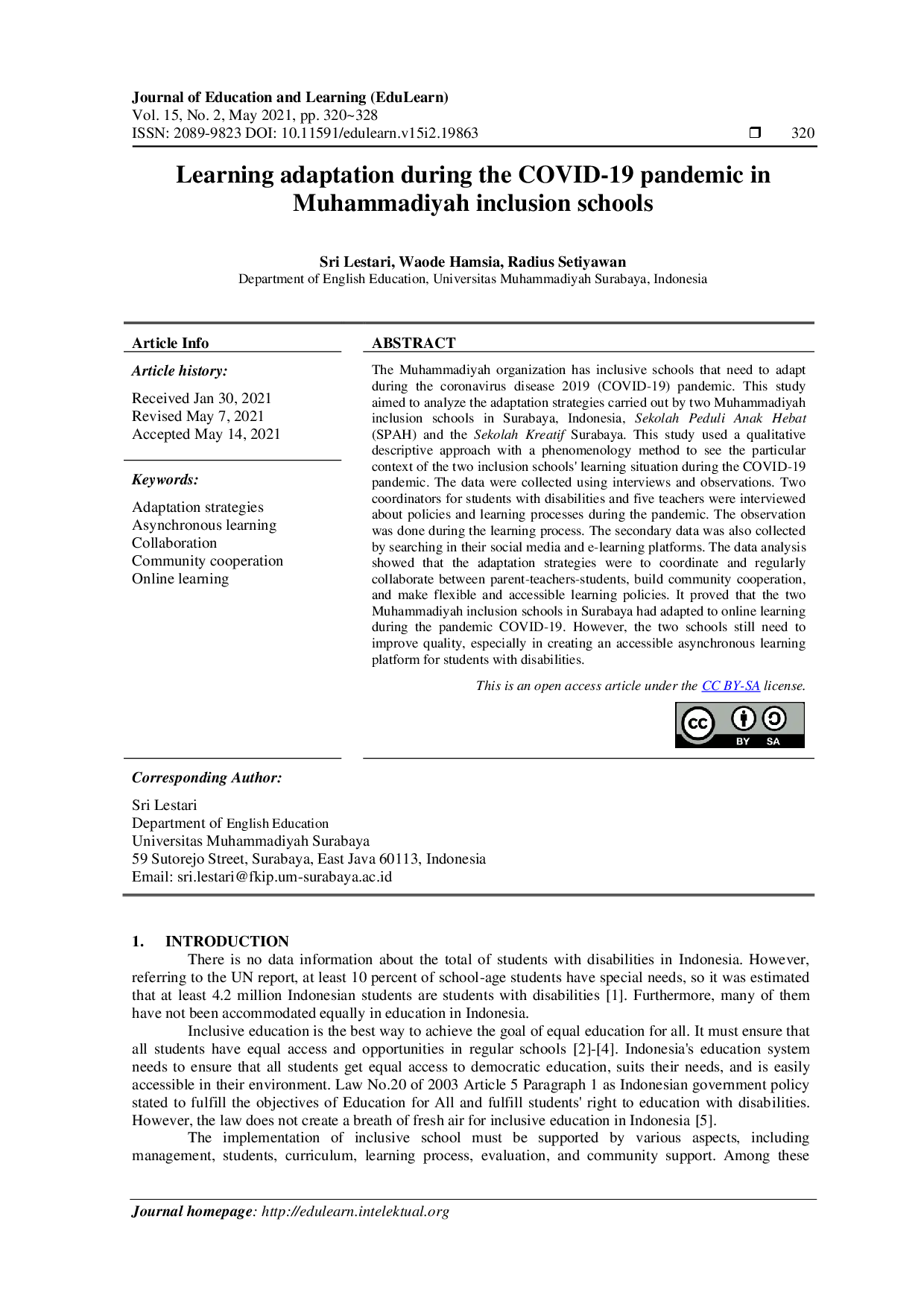 juris Learning adaptation during the COVID 19 pandemic in Muhammadiyah inclusion schools