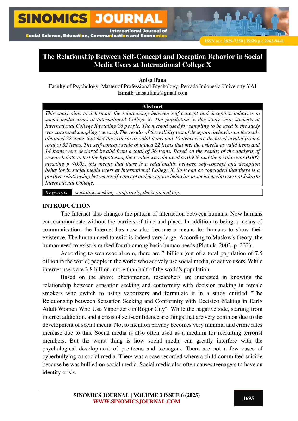 JURIS The Relationship Between Self Concept and Deception Behavior in Social Media Users at International College X