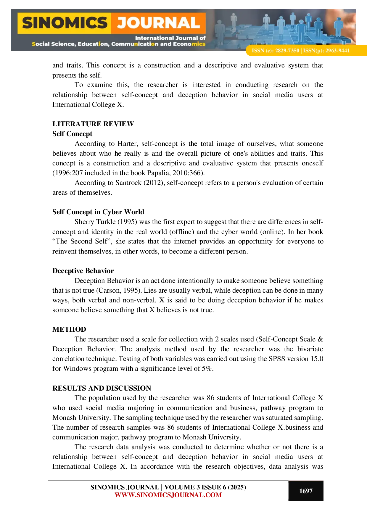 JURIS The Relationship Between Self Concept and Deception Behavior in Social Media Users at International College X