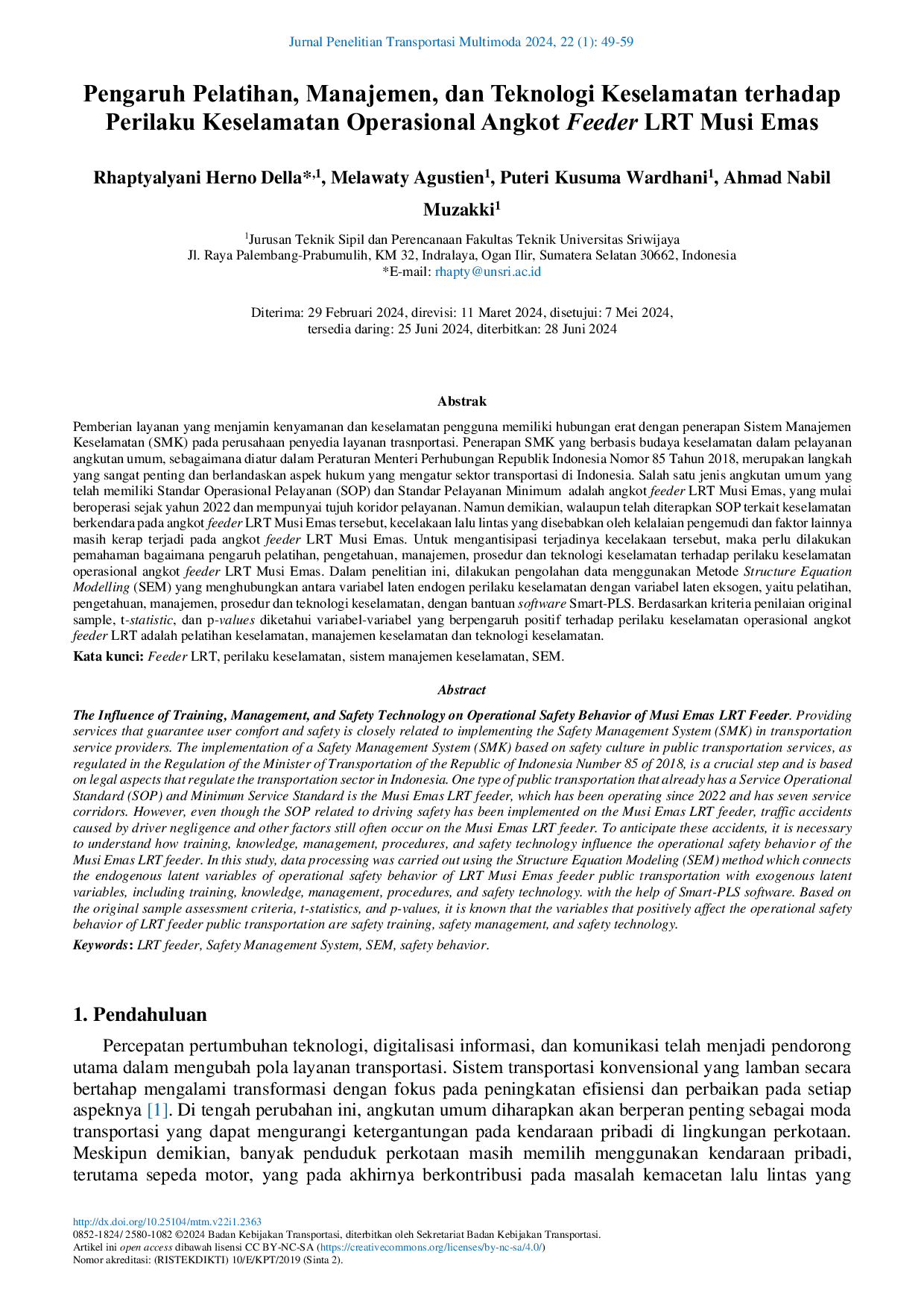 JURIS Pengaruh Pelatihan Manajemen dan Teknologi Keselamatan terhadap Perilaku Keselamatan Operasional Angkot Feeder LRT Musi Emas