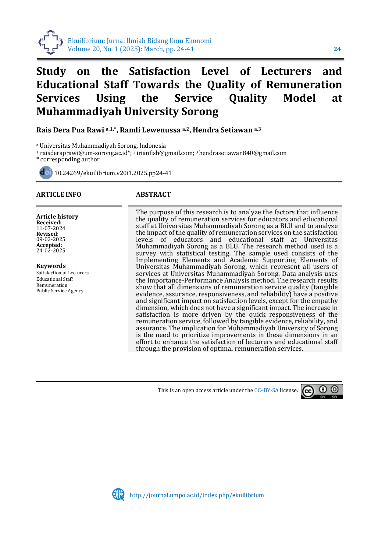 JURIS Study on the Satisfaction Level of Lecturers and Educational Staff Towards the Quality of Remuneration Services Using the Service Quality Model at Muhammadiyah University Sorong